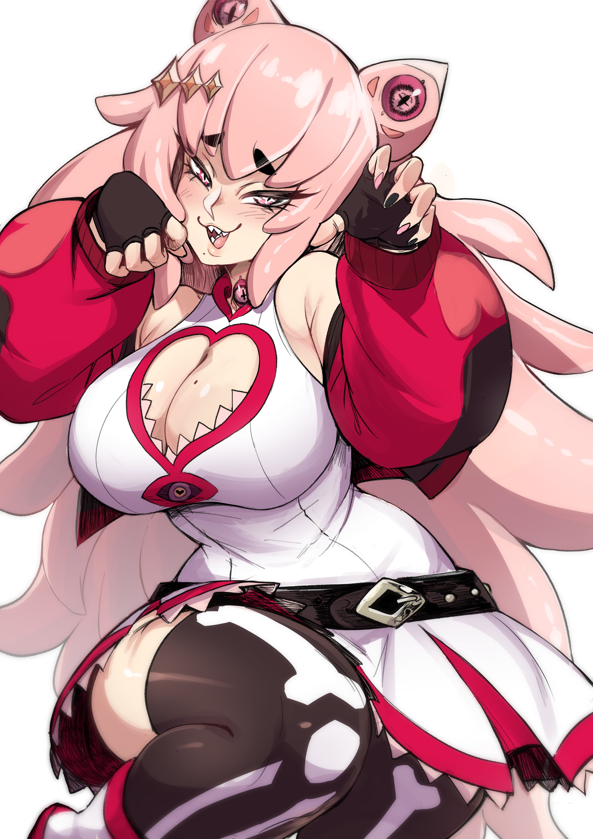 1girls, alien girl, big breasts, breasts, cleavage, clothed, clothing, female, female only, insouwu, light skin, light-skinned female, lilyggoth (kinkymation), mole, mole on breast, original, pink eyes, pink hair, solo, white background