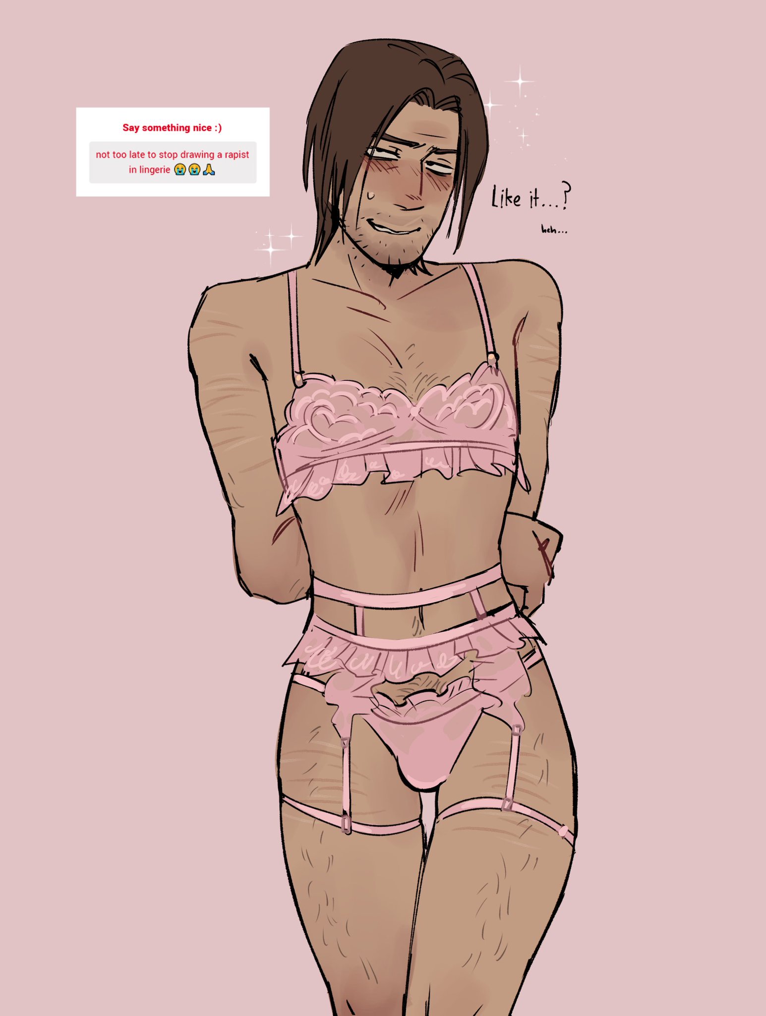 1boy, acting innocent, arm behind head, blush, body hair, femboy, femboy dilf, frilled bra, jimmy (mouthwashing), jimmy the man you are, lingerie, lip scar, looking at viewer, male, male only, mouthwashing, no visible genitalia, oh my god jimmy i fucking need you, pink background, pink lingerie, self harm scars, shy, skinny, skinny male, small bikini, solo male, strawpage, strawpage request, twink, whored out, zzoupz