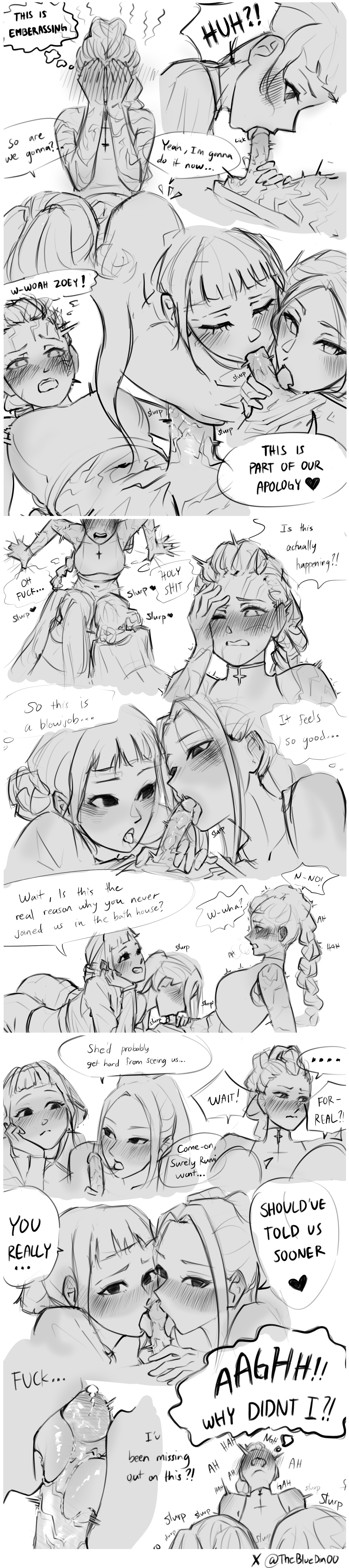1futa, 2girls, 2girls1futa, 3girls, blowjob, blowjob only, bluedino262566, blush, comic, comic page, comic strip, demon, demon futa, demon girl, demon humanoid, double fellatio, fellatio, female, first oral, first time, futa on female, futa with female, futa/female, futanari, intersex, kpop demon hunters, markings, mira (kpop demon hunters), penis, pleasure, pleasure face, pleasured, polytrix, precum, rumi (kpop demon hunters), stitched, sucking, sucking cock, sucking penis, text, text bubble, the blue din00, third-party edit, threesome, tremble lines, tremble spikes, trembling, trembling for pleasure, trembling legs, trembling penis, virgin, zoey (kpop demon hunters)