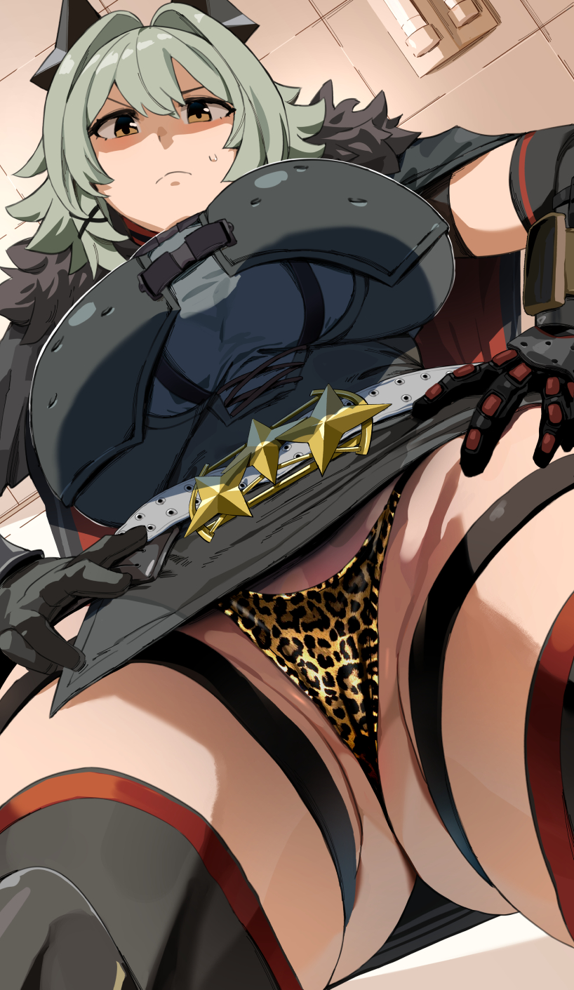 1girls, ass, bakkanki, big ass, big breasts, big thighs, breasts, butt, caesar king, clothed, clothed female, clothing, female, female only, gigantic ass, gigantic breasts, gigantic thighs, green hair, hoyoverse, huge ass, huge breasts, huge thighs, legwear, leopard print, looking at viewer, orange eyes, panties, satoriwappa, tagme, thick thighs, thighs, zenless zone zero