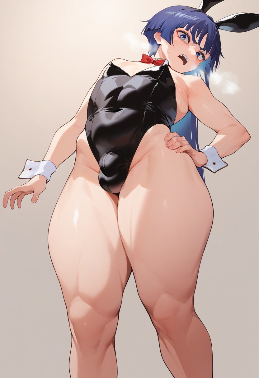 1boy, 1femboy, ai generated, alternate version available, ass, big ass, black leotard, blue legwear, bulge, bunny ears, cosplay, crossdressing, crossplay, dankyl, femboy, feminine male, genshin impact, girly, highleg leotard, legwear, leotard, light-skinned male, male, male only, penis, playboy bunny, scaramouche (genshin impact), solo, standing, thick thighs, thighs, trap, wide hips, wrist cuffs