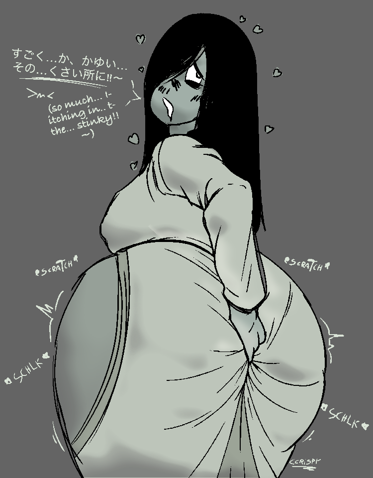1girls, ass, ass bigger than head, ass fingering, ass focus, ass up, big ass, blush, butt digging, ccrispy, clothing, dialogue, digging into butt, digging up in they ass, dress inside ass, dress pull, drooling, english text, eyes rolling back, fat ass, female, female only, ghost, ghost girl, heart symbol, itching, itching fetish, japanese text, long hair, sadako yamamura, scratching, scratching back, scratching butt, sketch, sleeved dress, smelly, solo, sweaty, sweaty body, tagme, text, the ring, thick ass, thick thighs, yamamura sadako