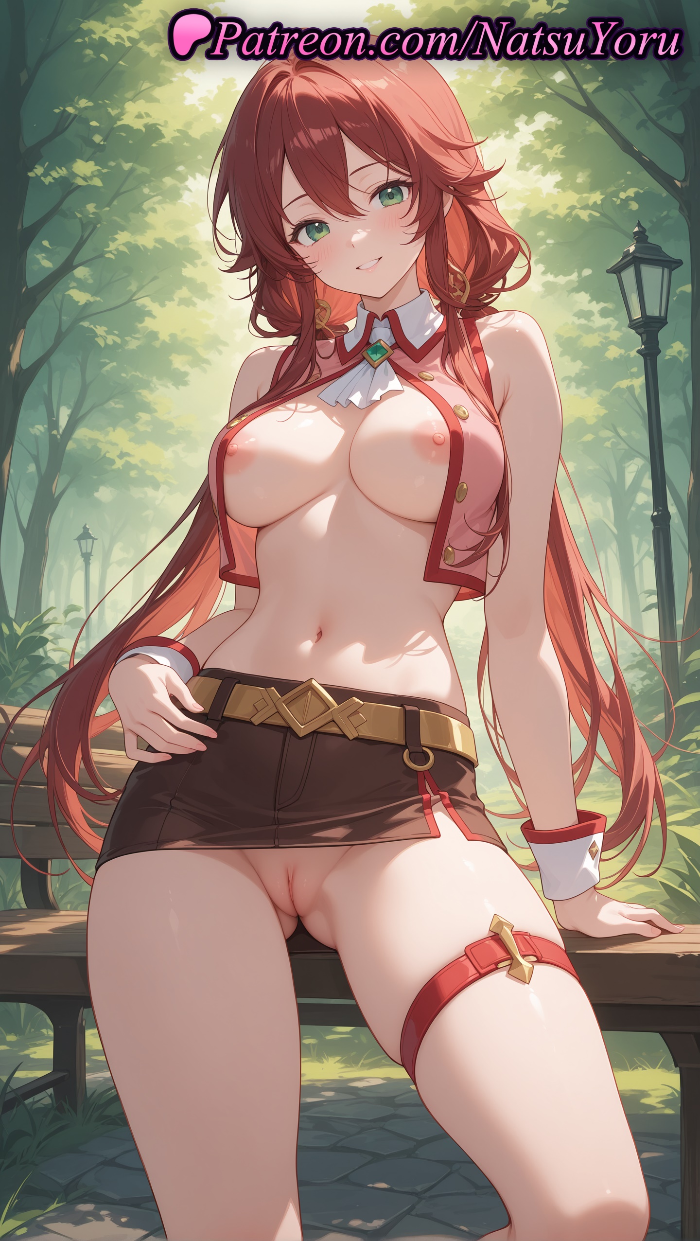 1girls, 2025, ai generated, ascot, ass visible through thighs, bare shoulders, belt, black skirt, breasts, brooch, female, female only, genjitsu shugi yuusha no oukoku saikenki, green eyes, hi res, highres, large breasts, long hair, looking at viewer, low twintails, miniskirt, natsuyoru, navel, nipples, no bra, no panties, open clothes, outdoors, patreon, pussy, red hair, roroa amidonia, skirt, sleeveless, smile, solo, standing, stomach, thigh strap, thighs, twintails, uncensored, vagina, voluptuous, voluptuous female, wrist cuffs