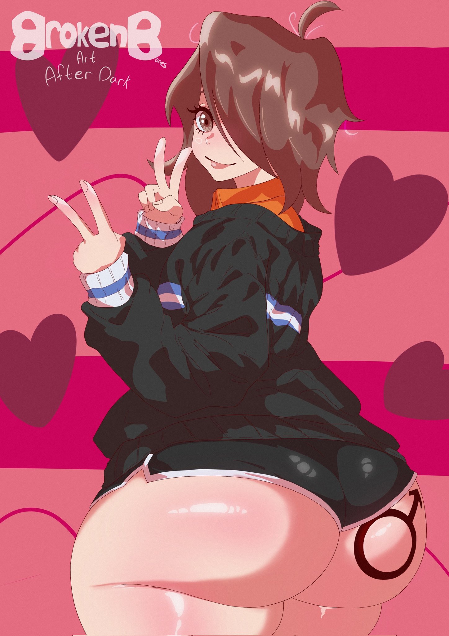 brokenbonesad, brown eyes, brown hair, dolphin shorts, femboy, gluteal fold, huge ass, male, male symbol, phat ass, shorts, skindentation, sweater, tagme