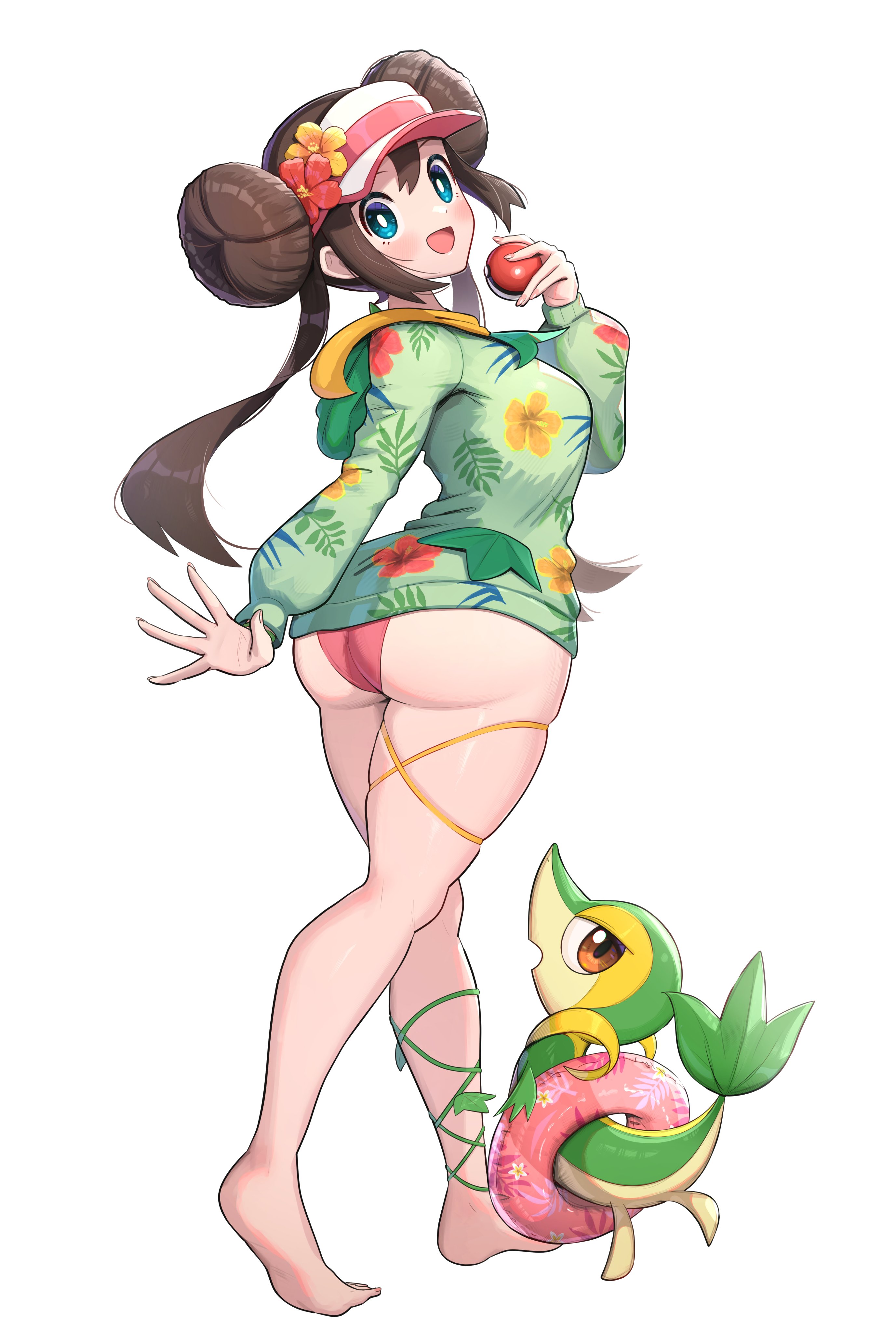 :d, ass focus, bikini, blush, breasts, female, floral print, from behind, full body, gonzarez, holding poke ball, hoodie, huge ass, huge breasts, looking back, mei (pokemon), pink bikini, pokemon, pokemon (species), pokemon bw, pokemon bw2, rosa (pokemon), snivy, thick ass, thick hips, thick thighs, wide hips