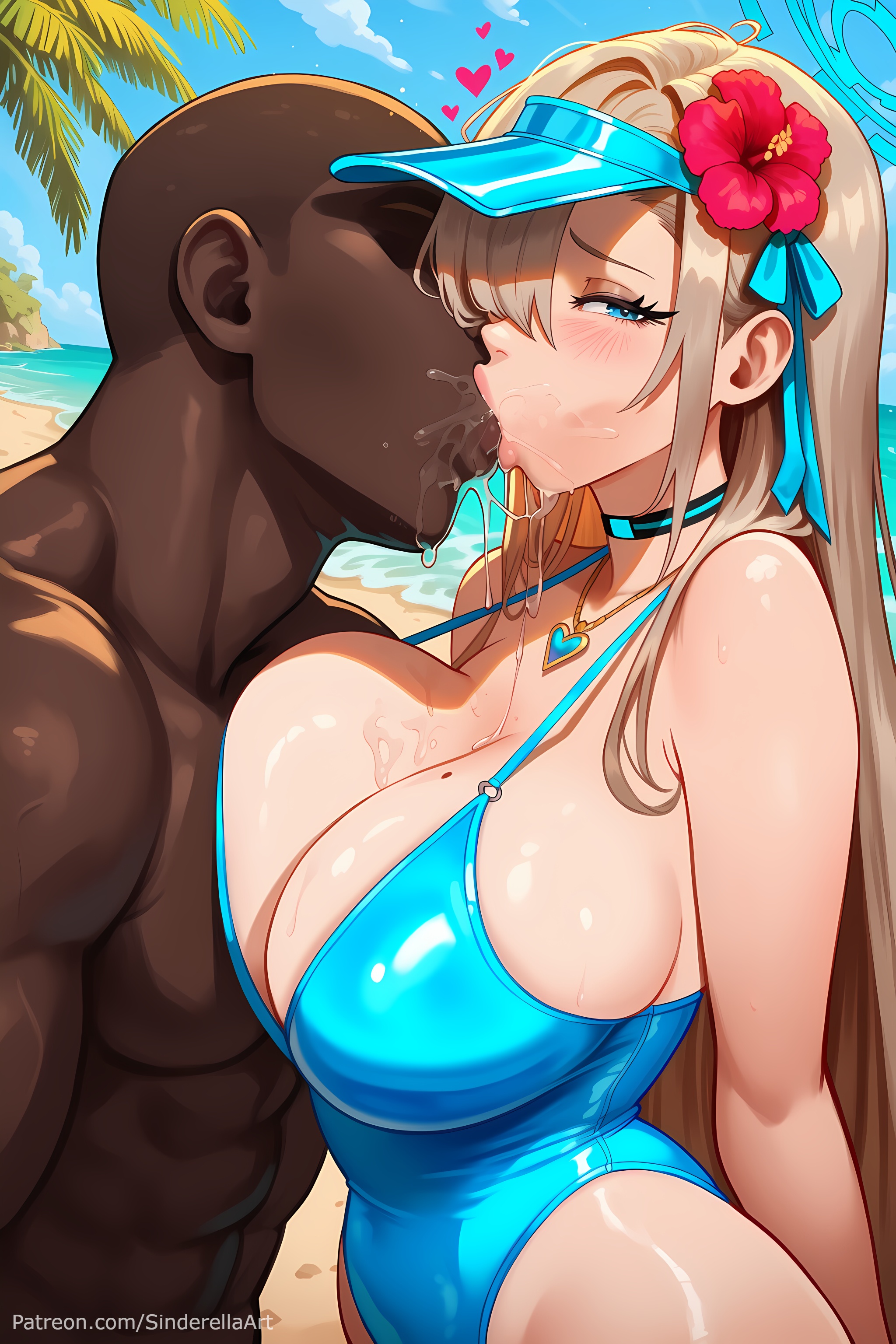 1boy1girl, ai generated, asuna (blue archive), beach, bikini, blue archive, blue eyes, breasts, busty, commission, cuckold pov, dark-skinned male, female, french kiss, french kissing, huge breasts, interracial, kiss, kissing, looking at viewer, male, outdoors, patreon, patreon url, patreon username, public, saliva, saliva drip, saliva string, saliva trail, sinderellaart, thick, voluptuous