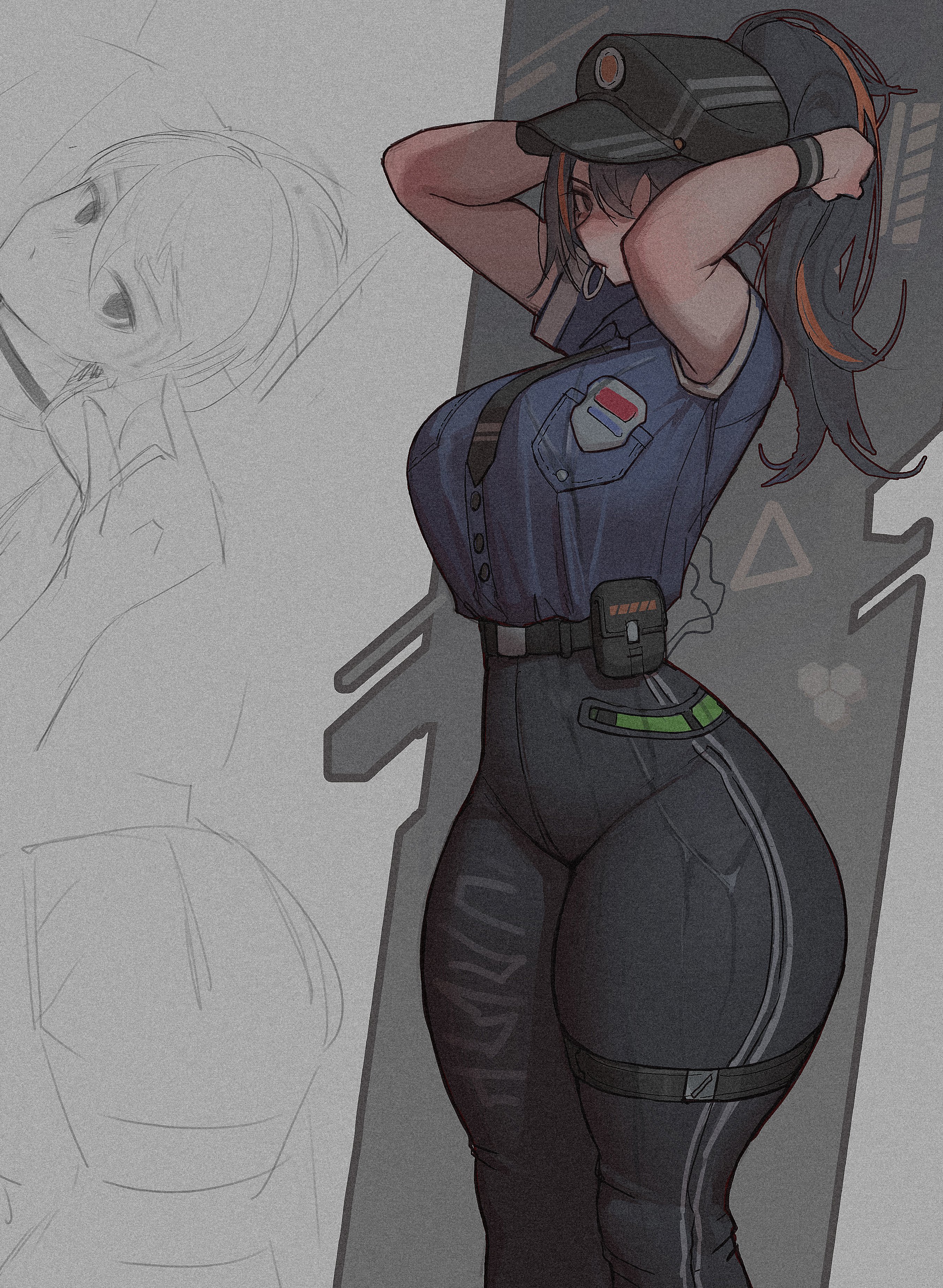 1girls, big breasts, black hair, black legwear, black pants, blush, brown eyes, clothing, clozzy01, female, film grain, grey background, high-waist pants, highres, jacket, legs together, long hair, pants, solo, thick thighs, thighs, tight clothes, tight pants, tomboy, wide hips, zenless zone zero, zhu yuan