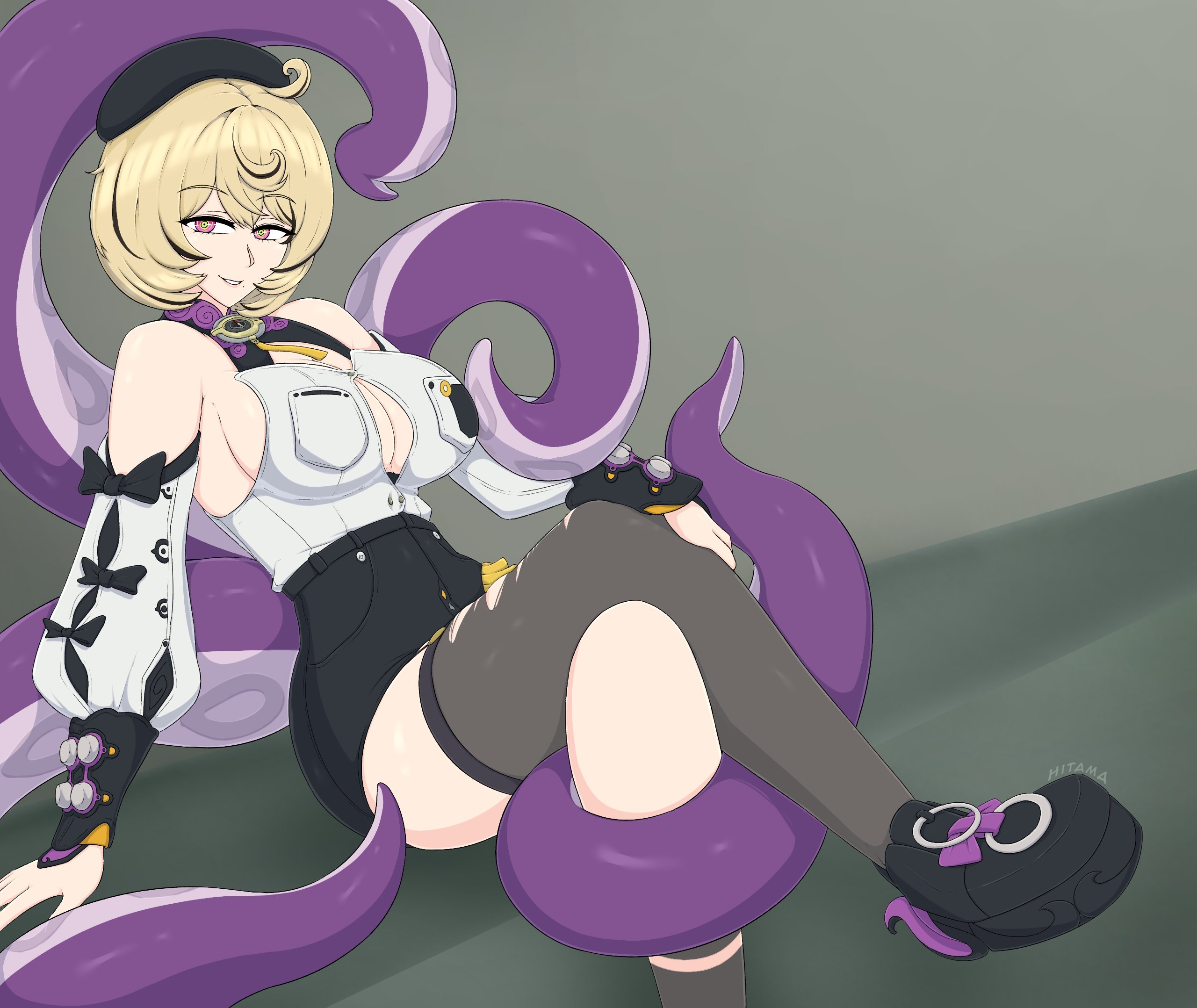 1girls, big breasts, breast expansion, breasts, cleavage, comic, hitama, looking at viewer, sfw, sideboob, tentacle, yidhari murphy, zenless zone zero
