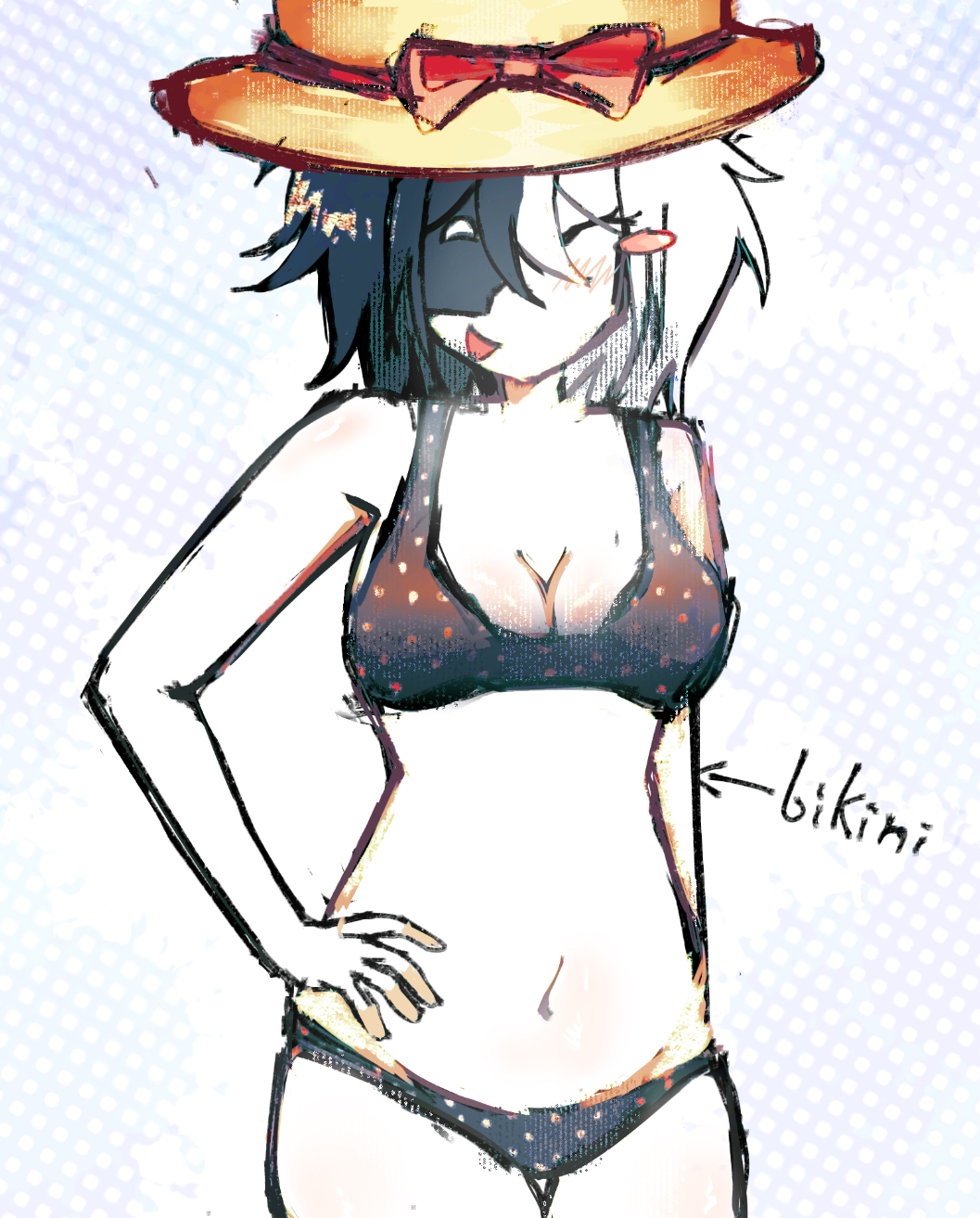 1girls, artful (die of death), big ass, bikini, black bikini, black hair, blush, breasts, cleavage, die of death (roblox), female, feminization, hand on hip, hat, hellionx, roblox, roblox game, robloxian, rule 63, self upload, smile, stomach, tagme, thighs, two-tone hair, white hair, white skin