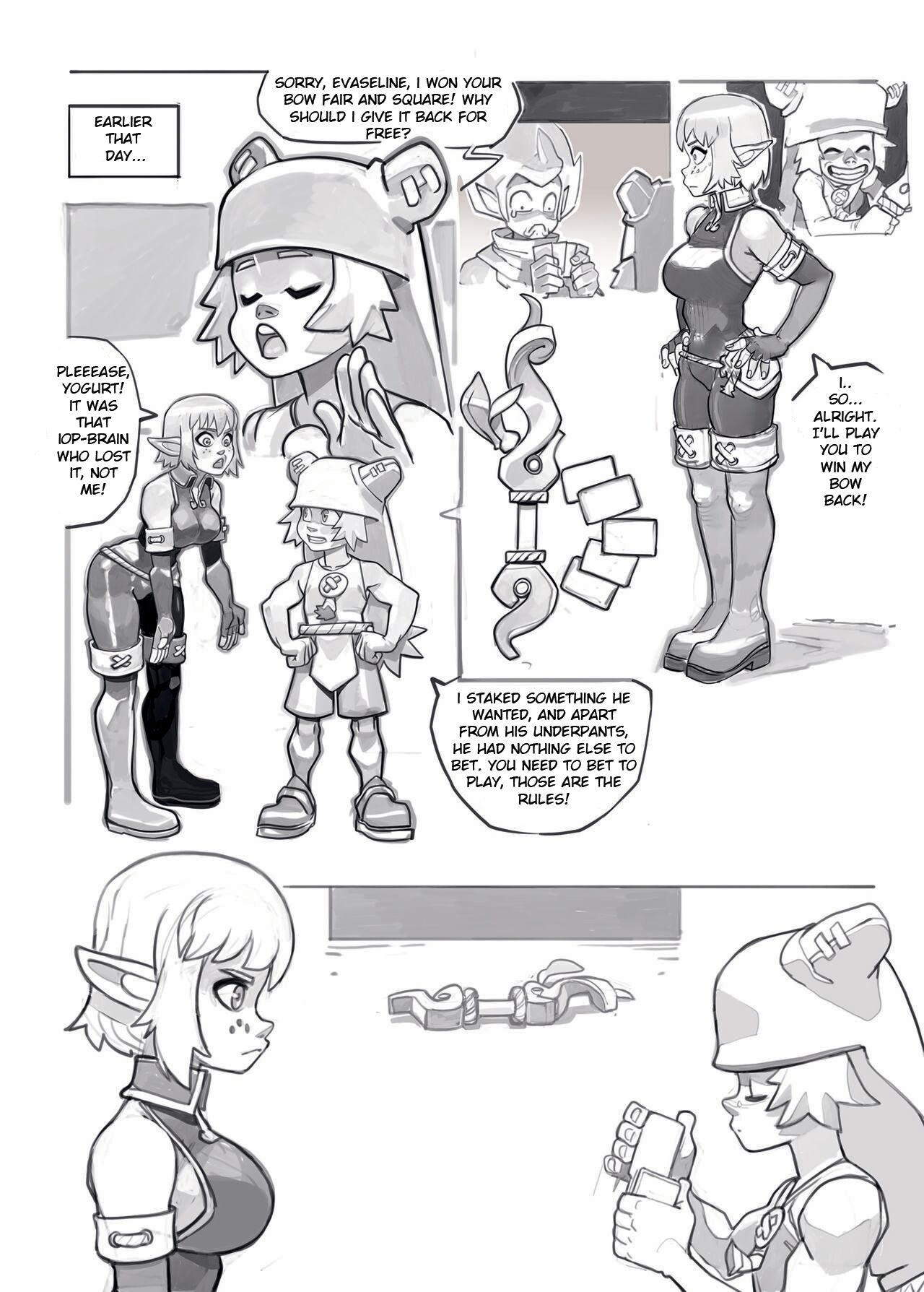 ankama, athletic female, before sex, betting, big breasts, breasts, cra, elf, elf ears, elf female, eliatrope, evangelyne, female, iop, jjfrenchie, joel jurion, sideboob, strip poker, text, text bubble, tristepin, wakfu, yugo