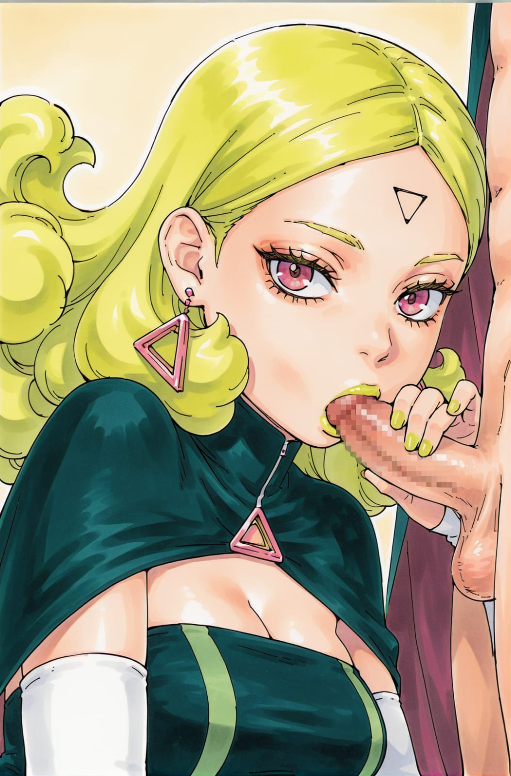 1boy, 1girls, ai generated, blowjob, boruto: two blue vortex, clothed, clothed sex, delta (boruto), fellatio, female, female focus, handjob, handjob while sucking, lipstick, male, nail polish, naruto, naruto (series), oral, oral sex, yellow lipstick, yellow nails