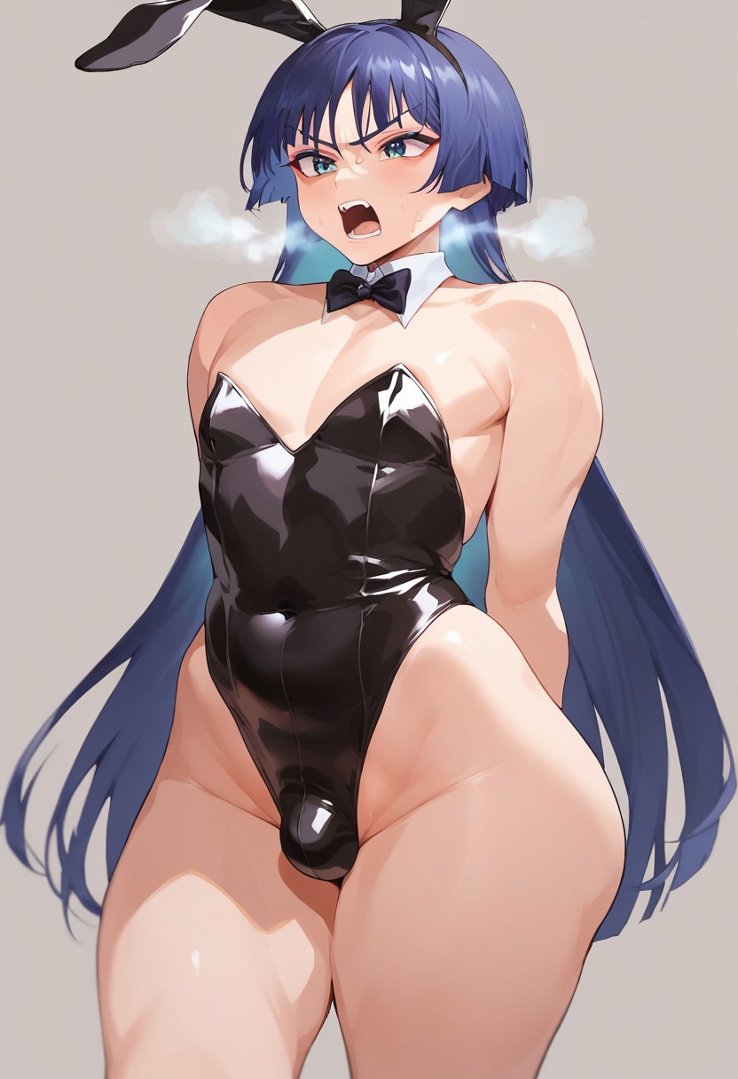 1boy, 1femboy, ai generated, alternate version available, ass, big ass, black leotard, blue legwear, bunny ears, cosplay, crossdressing, crossplay, dankyl, femboy, feminine male, genshin impact, girly, highleg leotard, legwear, leotard, light-skinned male, male, male only, penis, playboy bunny, scaramouche (genshin impact), solo, standing, thick thighs, thighs, trap, wide hips, wrist cuffs