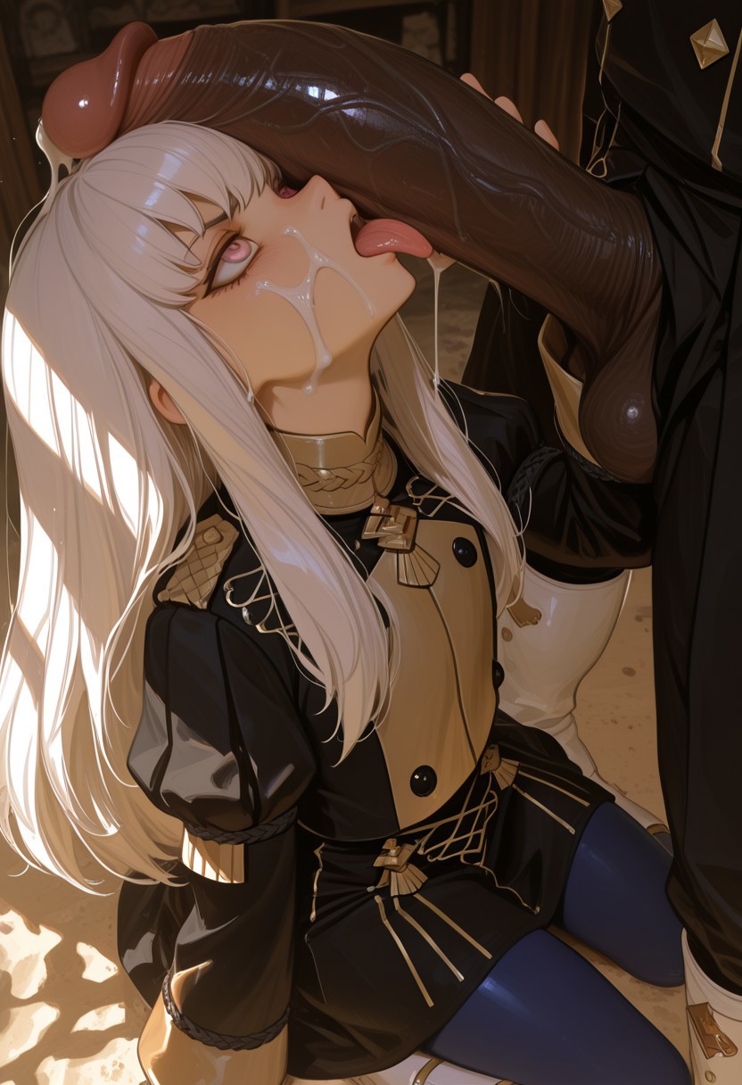 1boy, 1girls, ai generated, cock worship, dark-skinned male, female, fire emblem, fire emblem: three houses, interracial, large penis, lysithea von ordelia, male, nintendo, penis, penis awe, penis on face, precum, self upload, sunlight, tagme, tongue, tongue out