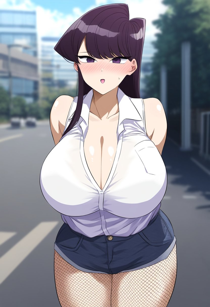 :d, big breasts, black eyes, black hair, breasts, breasts out, embarrassed, female, female only, fishnets, komi shouko, komi-san wa komyushou desu, long hair, looking at viewer, short hair, shorts, solo, solo female, thick, thick ass, thick thighs, thighs