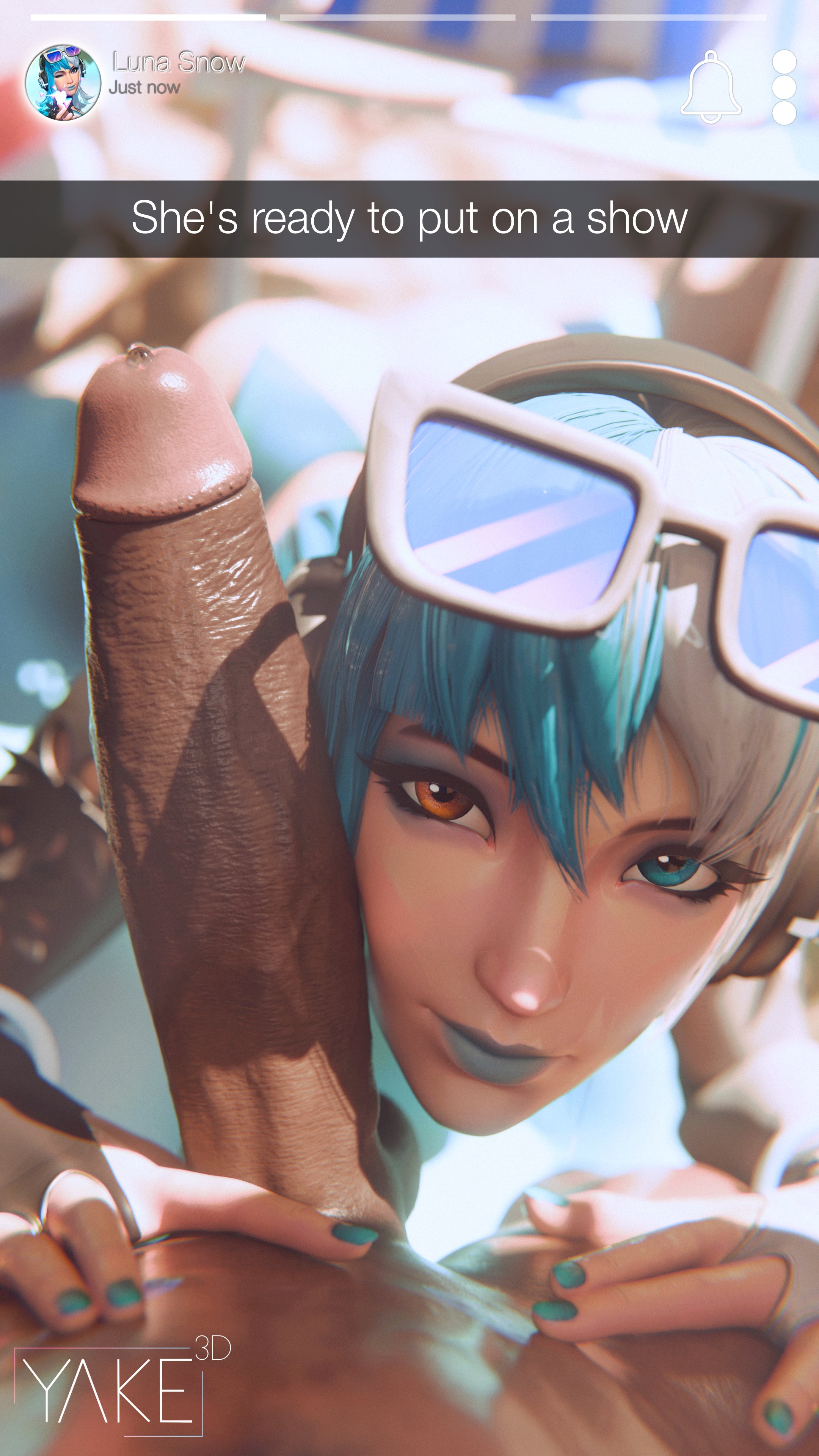 3d, 3d (artwork), asian, asian female, beach, big penis, blue eyes, blue hair, blue lipstick, cock, cock hungry, dark skin, dark-skinned male, female, headset, huge cock, interracial, kiss mark, light skin, light-skinned female, lipstick, lipstick mark, luna snow, luna snow (cool summer), luna snow (marvel rivals), male, marvel, marvel comics, marvel rivals, orange eyes, penis, pov, pov eye contact, pov male, precum, precum drip, seol hee, size comparison, smile, smiling, smiling at partner, smiling at viewer, snapchat, straight, sunglasses, sunglasses on head, swimsuit, swimwear, tease, teasing, white hair, yakenaris