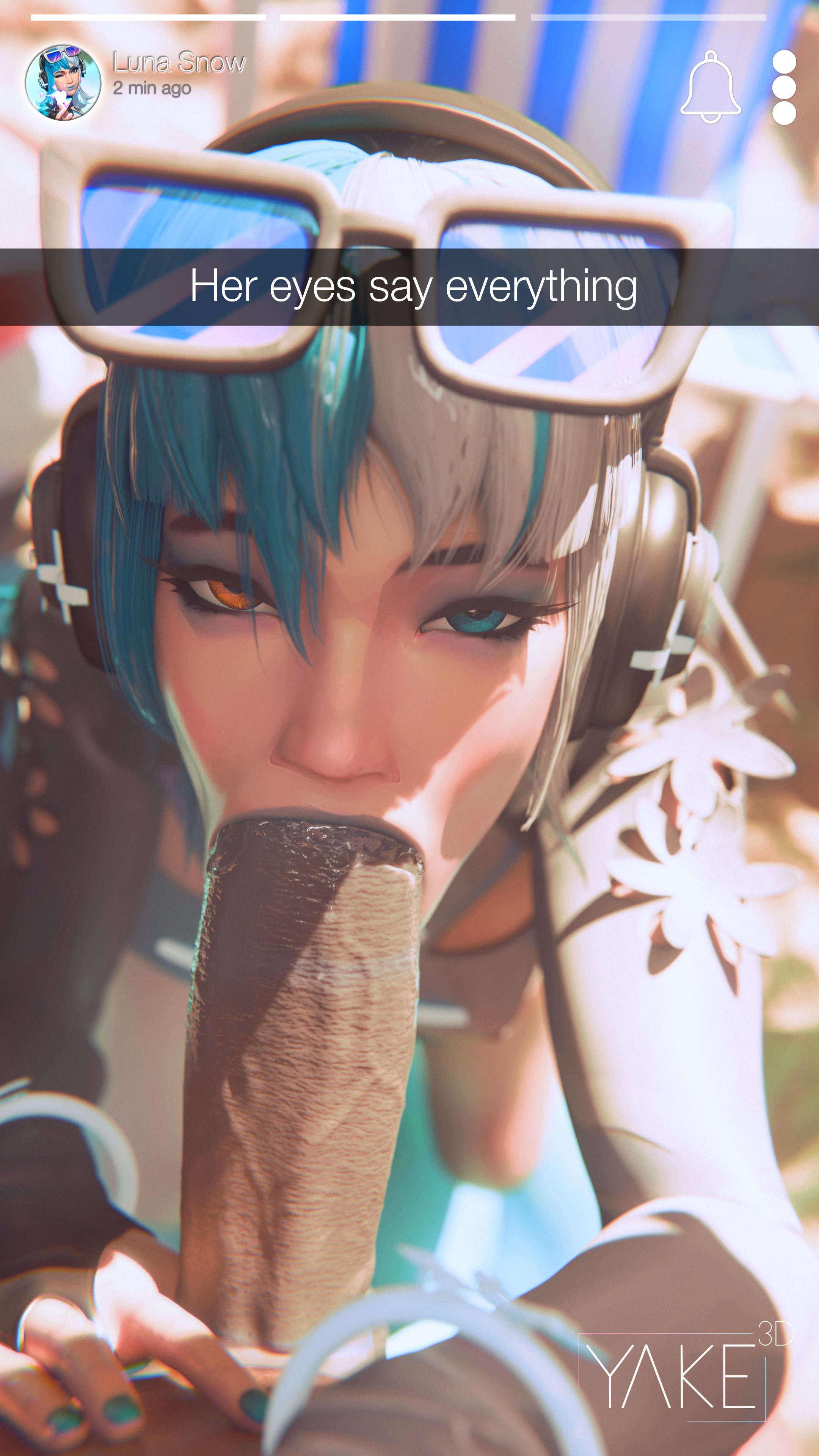3d, 3d (artwork), asian, asian female, beach, big penis, blowjob, blue eyes, blue hair, blue lipstick, cock, cock hungry, dark-skinned male, fellatio, female, headset, huge cock, interracial, light skin, light-skinned female, lipstick, lipstick mark, lipstick on penis, lipstick smear, luna snow, luna snow (cool summer), luna snow (marvel rivals), male, marvel, marvel comics, marvel rivals, orange eyes, penis, pov, pov eye contact, pov male, saliva on penis, saliva on tongue, saliva string, saliva trail, seol hee, snapchat, sunglasses, sunglasses on head, swimsuit, swimwear, wet, wet body, wet penis, wet skin, white hair, yakenaris