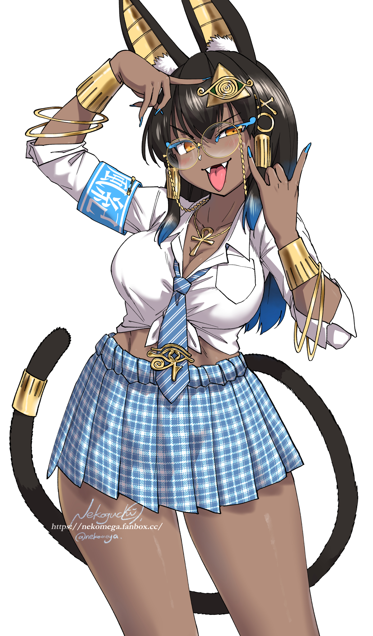 1girls, amesuku gyaru, ancient egyptian, ancient egyptian clothes, animal ear fluff, animal ears, ankh, ankh necklace, anubis, armband, artist name, black hair, blue nails, blue necktie, blue shirt, blush, bracelet, breasts, cleavage, clipboard, collared shirt, dark skin, dark-skinned female, egyptian mythology, fanbox username, fangs, female, female only, glasses, gold, gold bracelet, gold eyes, gradient hair, gyaru, hair ornament, holding, holding clipboard, holding pen, jackal ears, jackal tail, jewelry, kogal, long hair, long tail, looking at viewer, medium breasts, nail polish, necktie, nekoguchi, open mouth, original, pen, plaid clothes, plaid skirt, school uniform, shirt, signature, simple background, skirt, skirt rolled up, smile, solo, striped necktie, tail, tail ornament, tied shirt, tongue, tongue out, tsurime, white background, white shirt, x hair ornament, yellow-framed eyewear