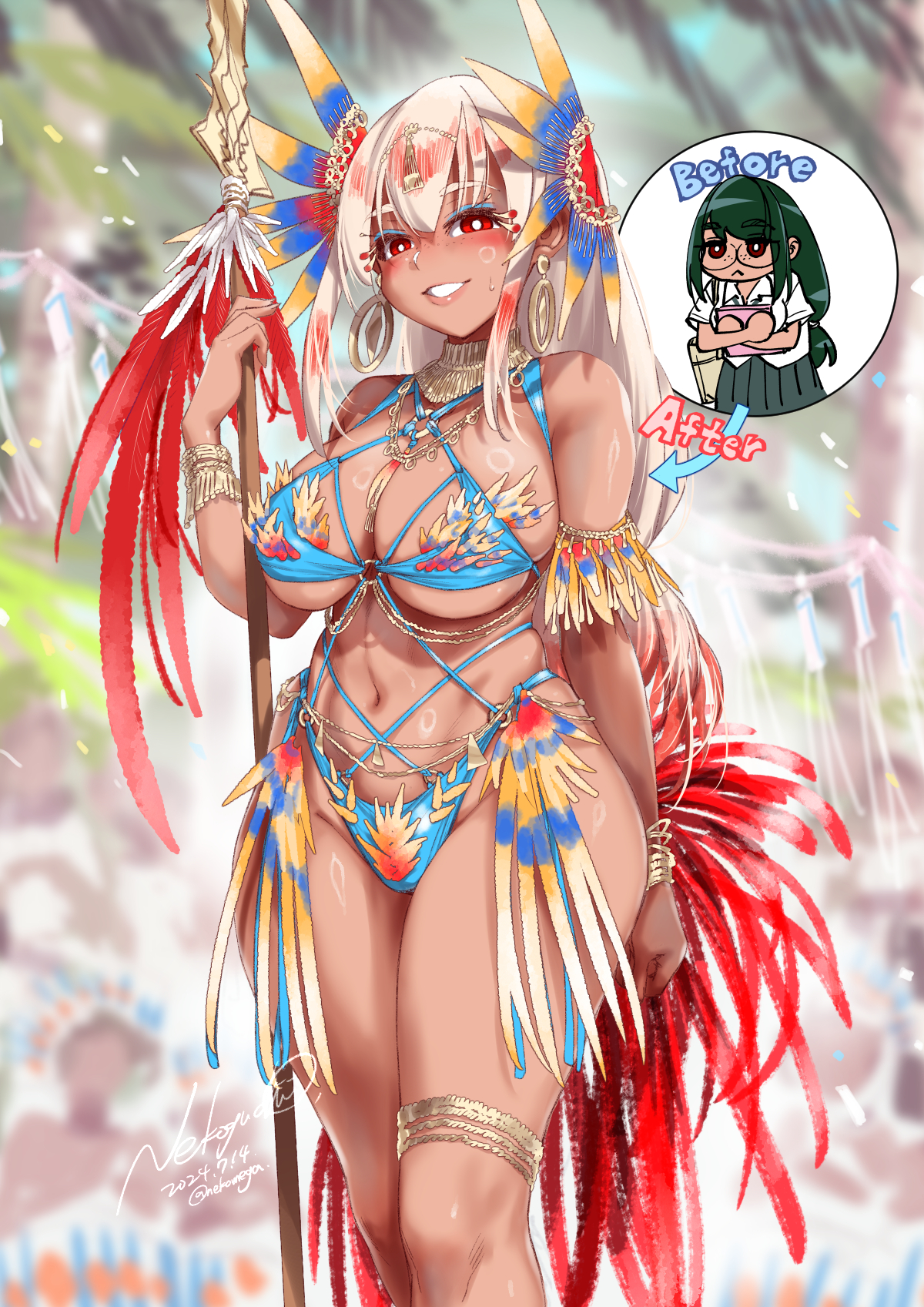 1girls, bare shoulders, before and after, bikini, black hair, blue bikini, blush, bracelet, breasts, cleavage, dark skin, dark-skinned female, earrings, eyeliner, female, female only, freckles, grin, hair ornament, highres, holding, holding polearm, holding weapon, jewelry, jimiko, large breasts, long hair, looking at viewer, makeup, multiple views, navel, nekoguchi, original, polearm, red eyes, skindentation, smile, solo, spear, sweatdrop, swimsuit, thighlet, weapon, white hair