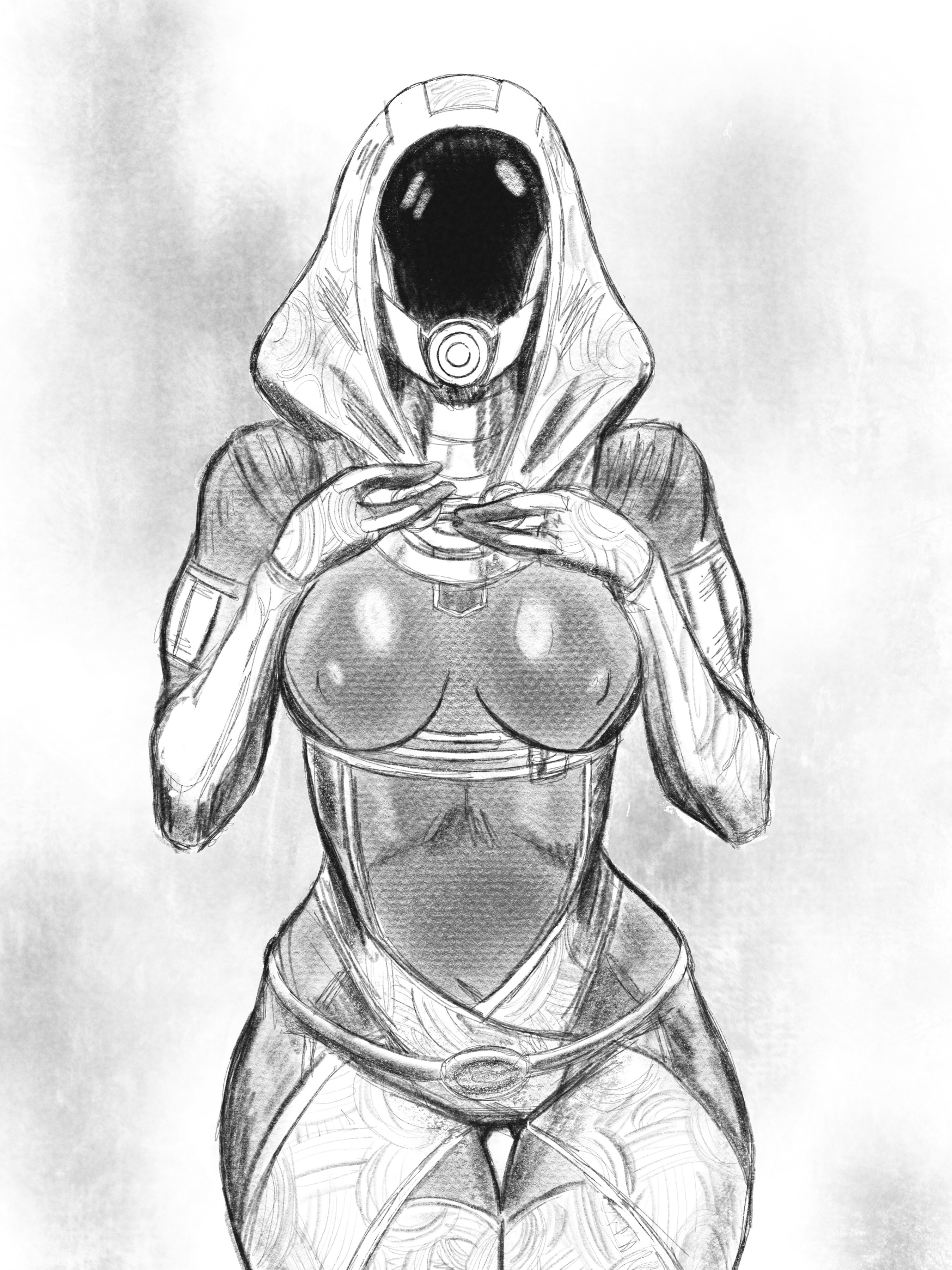 1girls, 2d, 2d (artwork), alien, alien girl, alien humanoid, breasts, clothed, clothed female, driftingunhand, female, female focus, female only, mask, masked female, mass effect, mass effect 2, mass effect 3, medium breasts, nipple bulge, nipples, quarian, sketch, solo, solo female, solo focus, tali'zorah nar rayya