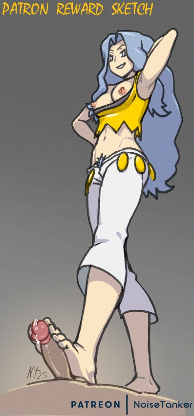 armpits, barefoot, boobs out, breasts, clothed female nude male, female, foot fetish, footjob, karen (pokemon), male, noisetanker, penis, pokemon, pokemon hgss, precum, pubic hair, pubic hair peek, showing armpits, stepping on penis, tits out, treasure trail