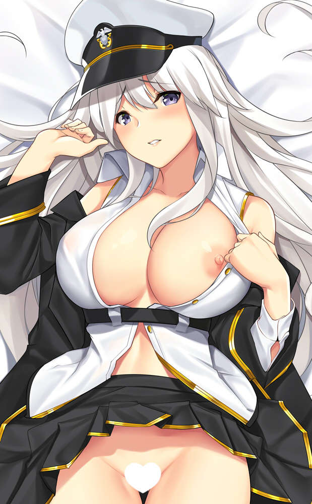 ass visible through thighs, azur lane, bed sheet, belt, black coat, blush, breasts, censored, closed eyes, collarbone, dakimakura, enterprise (azur lane), female, hair between eyes, hat, heart, heart censor, large breasts, long hair, looking at viewer, nipples, no bra, no panties, parted lips, peaked cap, purple eyes, skirt, skirt lift, solo, thigh gap, tony guisado, very long hair, white hair