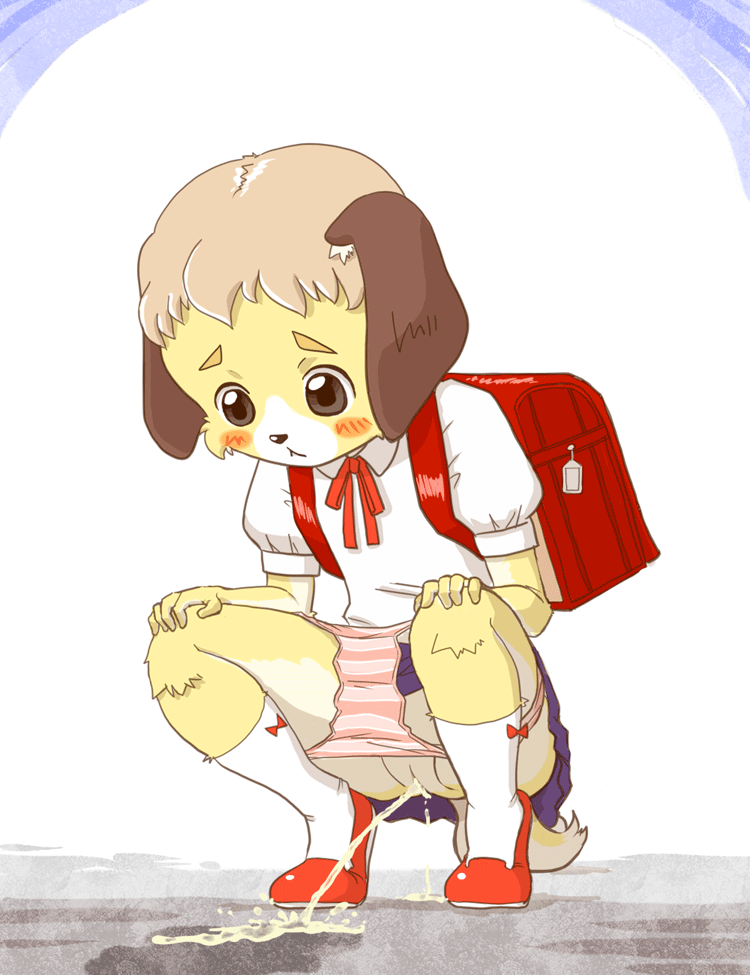 anthro backpack blush canine crouching cute dog embarrassed female kin-shun mammal panties panties_down peeing pussy school_uniform urine yellow_fur young