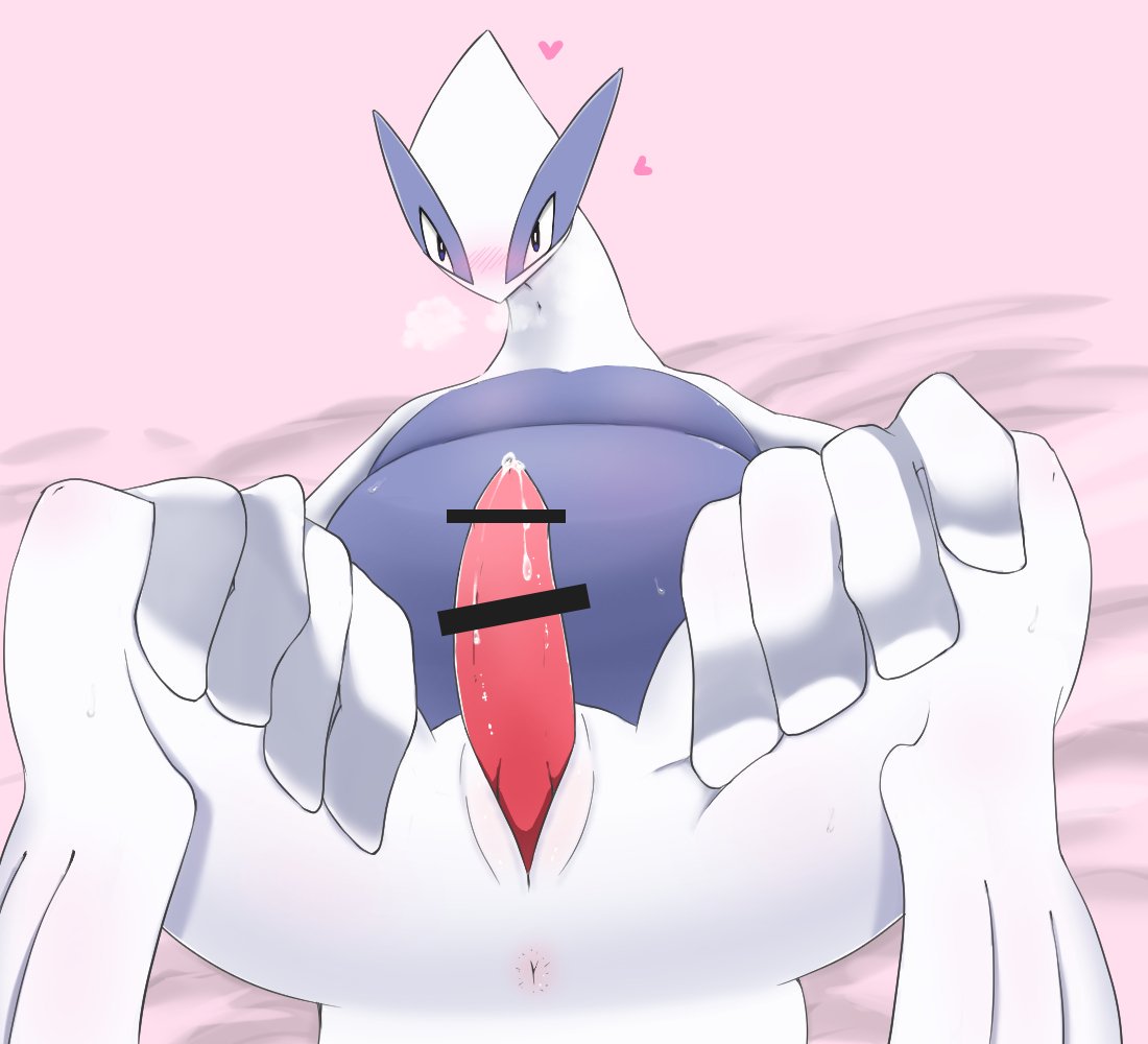 1boy 2018 amedama12321 animal_genitalia anus avian bed belly blue_eyes blue_skin blush breath censor_bar censored cum cum_on_penis erection feral genital_slit hand_on_leg heart heavy_breathing legendary_pokémon long_neck looking_at_viewer lugia male male_only nintendo no_nipples on_back on_bed penis pokemon pokemon_(species) pokemon_gsc precum presenting simple_background slightly_chubby slit solo spread_legs spreading sweat tapering_penis video_games wet white_skin wings