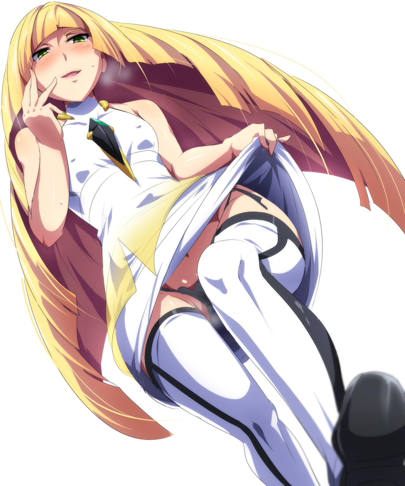 1girls, aether foundation, bare shoulders, belly, blonde hair, blush, breasts, clothed, dress, dress lift, erect nipples, eyelashes, female, female only, green eyes, hair over one eye, half-closed eyes, hand on face, heavy breathing, holding, human, leggings, long hair, looking at viewer, looking down, lusamine (pokemon), magukappu, milf, mother, navel, nintendo, nipples, open mouth, panties, pokemon, pokemon sm, see-through, shoes, small breasts, smile, sweat, umakatsuhai, upskirt, very long hair, white background, wide hips