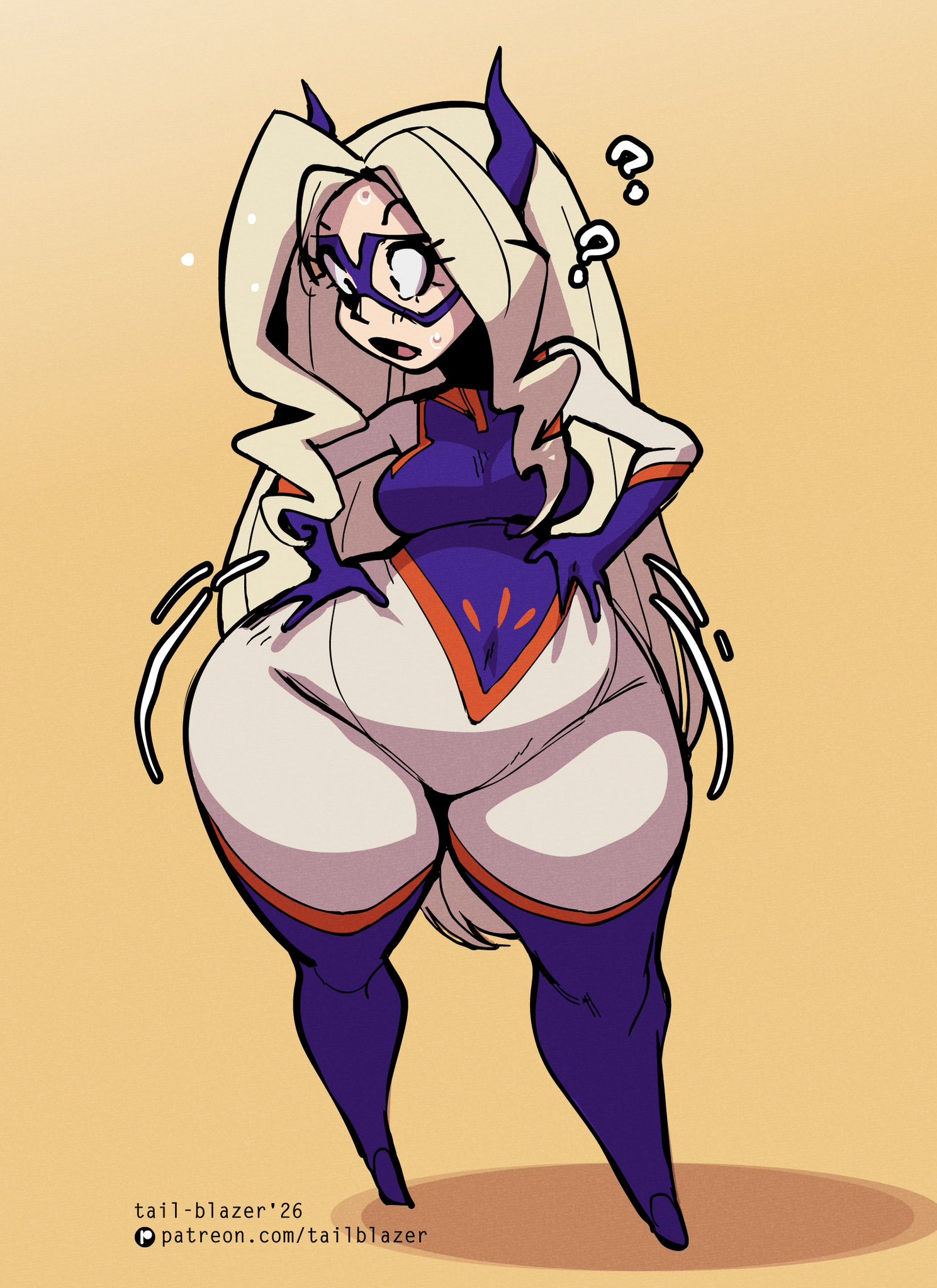 ?, 2026, bottom heavy, female, hero outfit (mha), looking at ass, mount lady, mt. lady, my hero academia, patreon url, shortstack, solo, source request, surprised expression, tail-blazer, wide hips