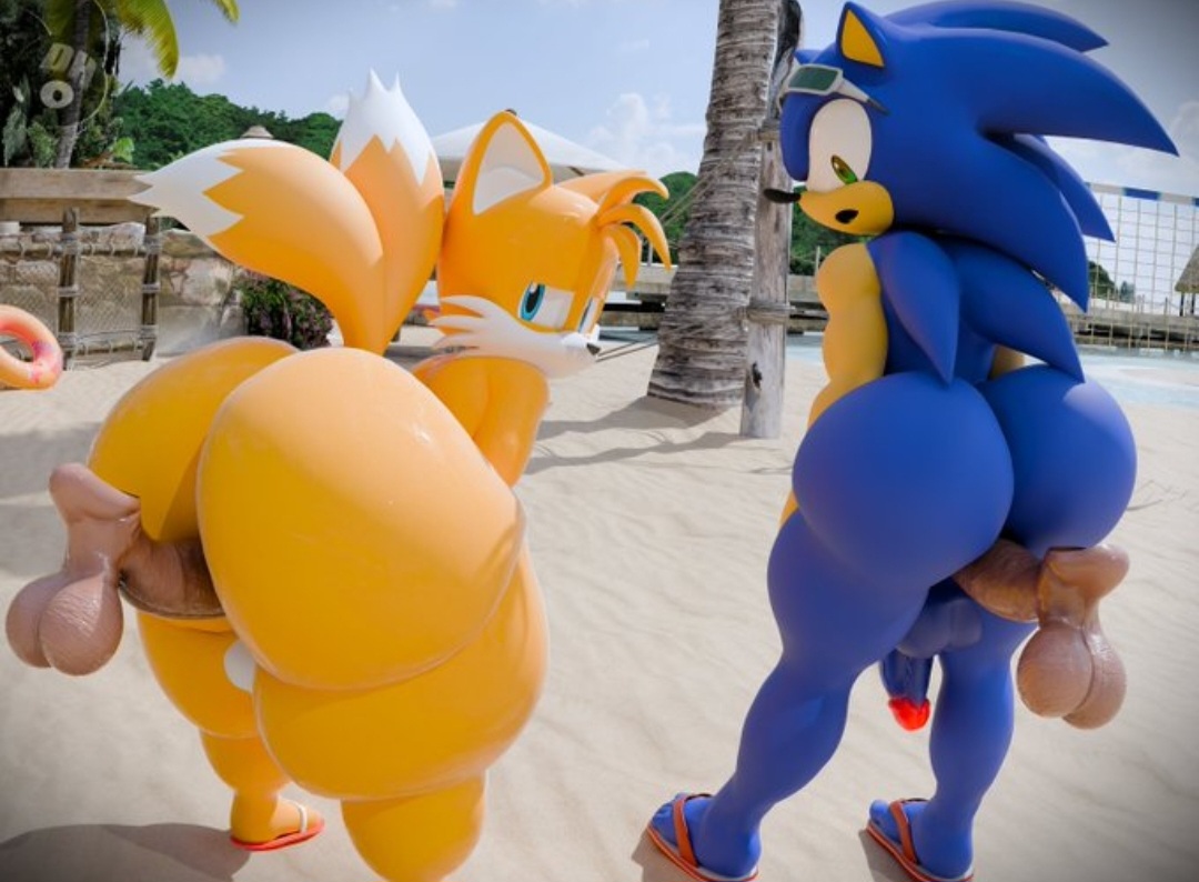 2boy, 2boys, 3d, 3d (artwork), anal sex, anthro, ass, ass bigger than head, ass focus, balls, ballsack, beach, beach background, big ass, bubble butt, butt, butt focus, dumptruck ass, fat, femboy, fucking, fucking ass, gay, gay anal, gay sex, glasses, huge ass, hyper ass, large ass, looking back, looking back at ass, miles prower, miles tails prower, mobian, mobian (species), mobian fox, mobian hedgehog, mouth, mouth open, penetrated, penetrated male, penetration, penetration from behind, penis, sex, sex from behind, small penis, sonic (series), sonic the hedgehog, sonic the hedgehog (series), surprised, surprised expression, tails, tails the fox, thick thighs, totallyd, wide hips, yaoi