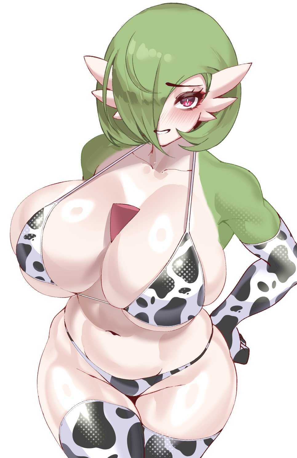 1girls, anthro, armwear, bikini, blush, breasts, cow print, cow print armwear, cow print bikini, cow print thighhighs, female, female focus, female only, gardevoir, generation 3 pokemon, green hair, hair over one eye, hi res, huge breasts, large breasts, looking at viewer, nintendo, pink eyes, pokemon, pokemon (species), saedelaere, slit pupils, solo, thick, thick thighs, thighhighs, thighs, white background, wide hips