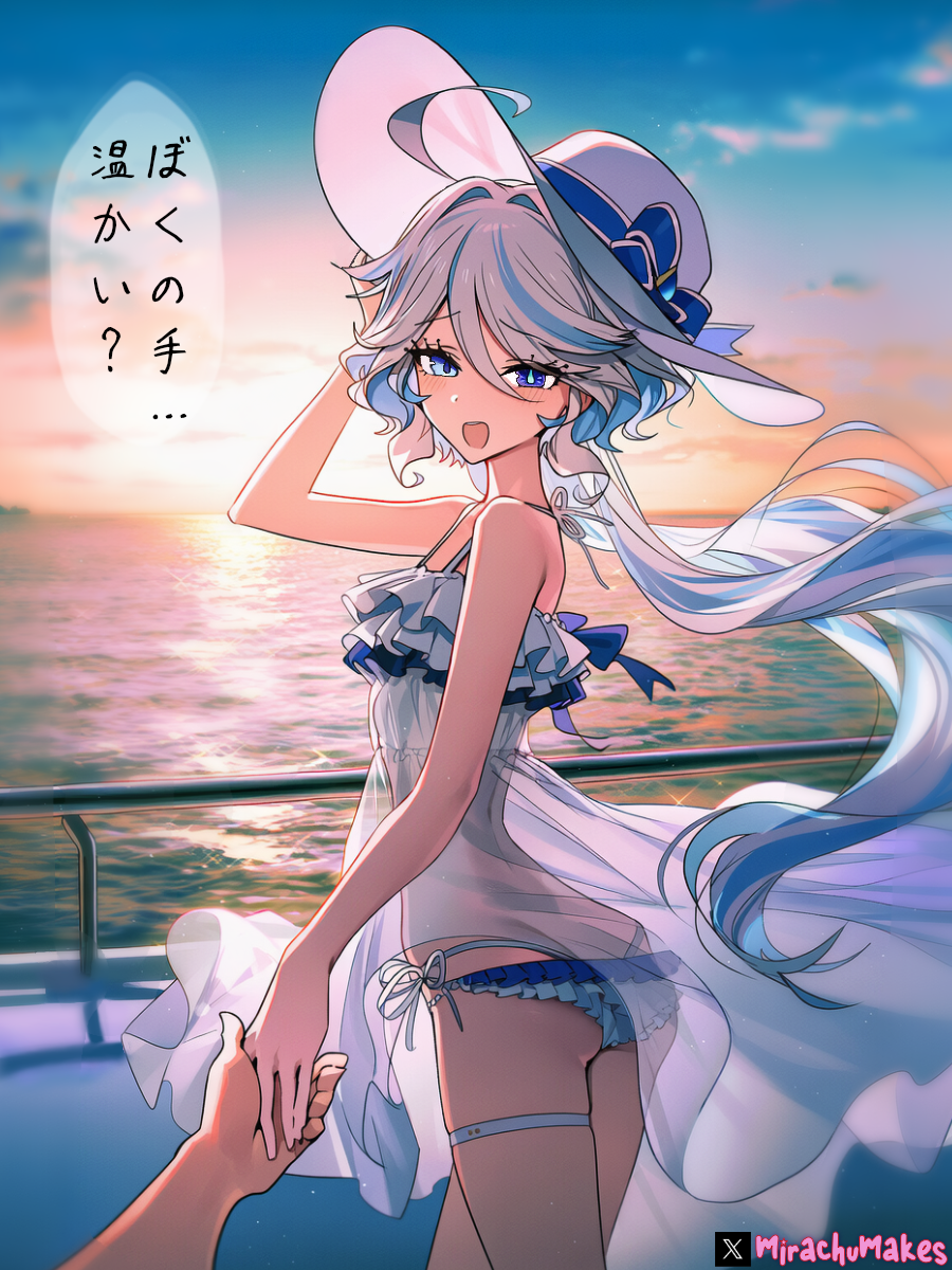 1girl, 2d, 2d (artwork), 2d artwork, clothing, color, colored, curvaceous female, curvaceous figure, curvy body, dark background, digital art, dynamic lighting, eyelashes, female, furina (genshin impact), genshin impact, heterochromia, holding hands, holding viewer, hourglass figure, long hair, mirachumakes, narrow waist, ocean, oily skin, refraction, revealing clothes, revealing outfit, ring light reflection, sagging breasts, seductive, seductive eyes, shadow, shiny skin, skimpy clothes, solo, solo focus, sunset, sweat, sweating, thick eyelashes, thick thighs, thigh strap, vignetting, visible breath, voluptuous female, wet clothes, white dress, white hair, wholesome, wide hips, yacht