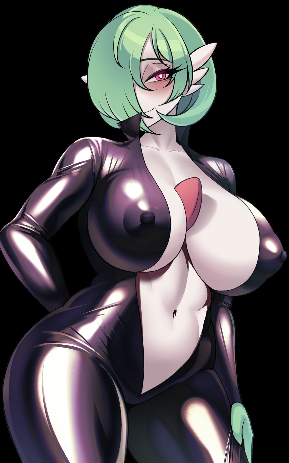 1girls, 2023, anthro, artist request, bodysuit, breasts, female, female focus, female only, gardevoir, hi res, large breasts, latex, latex suit, looking at viewer, nintendo, open bodysuit, open clothes, pokemon, saedelaere, skin tight, solo, thick thighs, thighs, tight clothes, tight clothing, wide hips