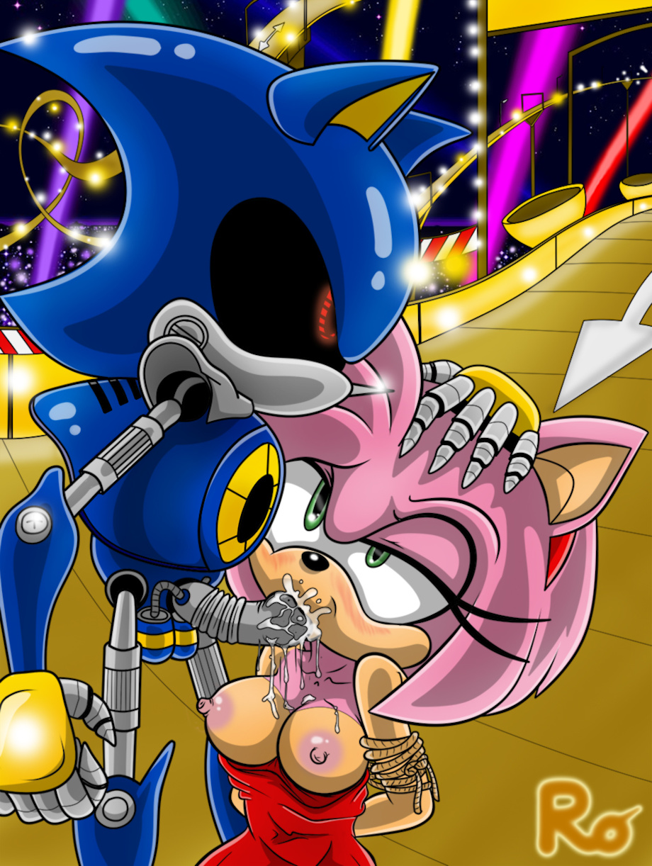 1boy 1girls amy_rose anthro balls blue_skin blush bondage breasts breasts_out cum cum_in_mouth cum_on_penis cumdrip cumshot detailed_background dress duo ejaculation exposed fellatio female forced forced_oral fur grabbing green_eyes grey_penis hands_behind_back head_grab hedgehog highway kneeling male mammal mechanical mechanical_penis medium_breasts metal_penis metal_sonic nipples nude omegazuel oral penis pink_fur raianonzika red_eyes robot sega sex sonic_(series) sonic_cd stardust_speedway straight tied_arms tied_up zerbukii