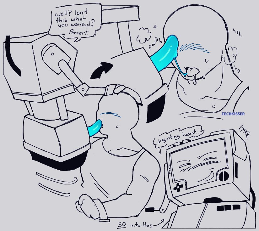blushing, comic, degradation, dialogue, faceless character, inscryption, object head, objectum, oral, oral sex, p03 (inscryption), penis, robot, robot on human, tagme, tv head, unusual genitalia