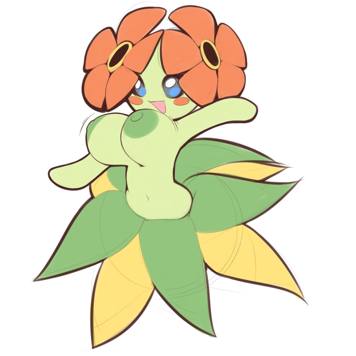 1girls, areolae, arm up, armpits, bellossom, belly, big breasts, blue eyes, bouncing breasts, breasts, female, female only, flora fauna, flower, green skin, looking away, navel, nintendo, nipples, nude, open mouth, plant, plant girl, plantie, plantpenetrator, pokémon (species), pokemon, pokemon (species), pokemon gsc, sketch, smile, thin waist, tongue, white background