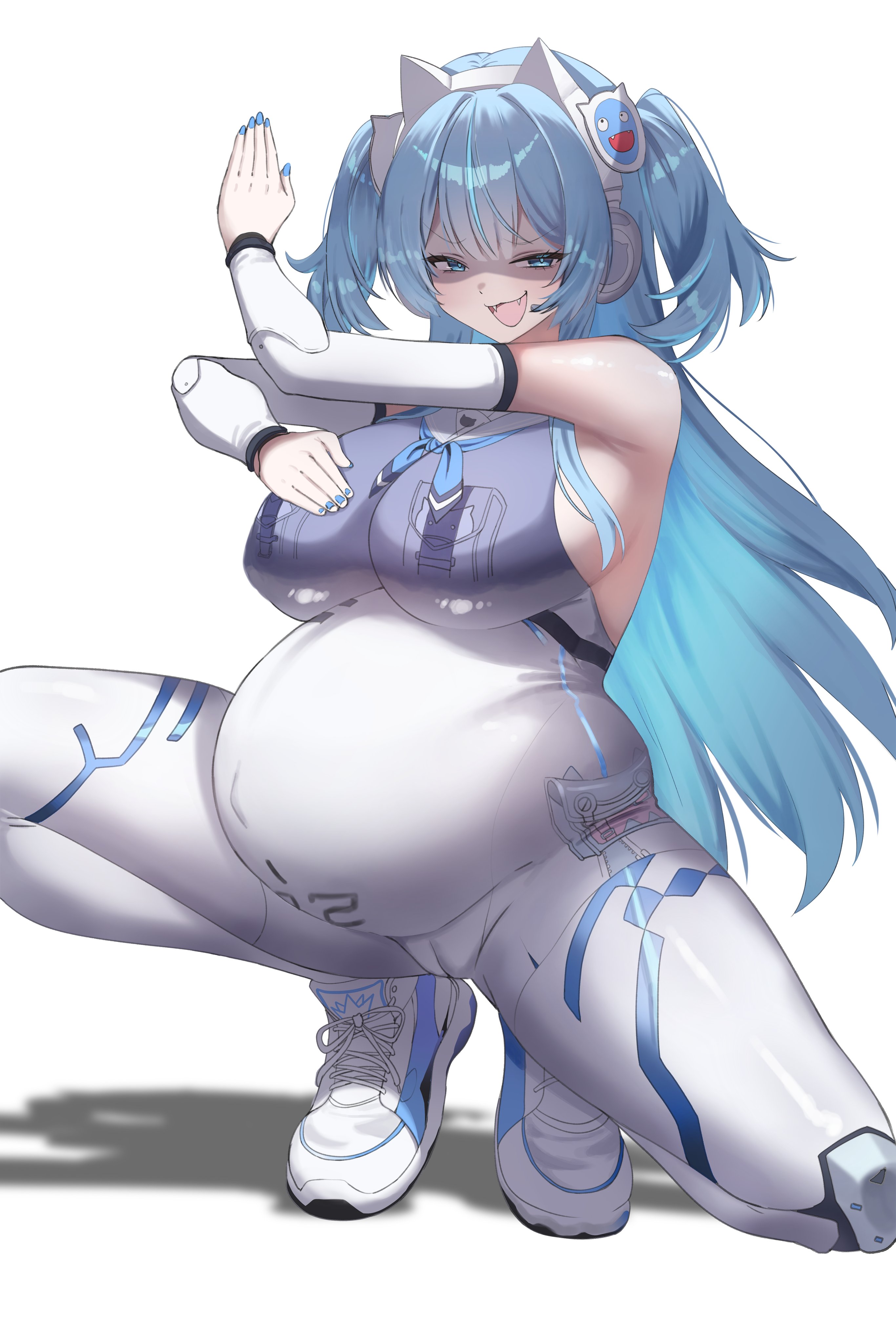 1girl, blue nails, blush, breasts, cameltoe, fangs, female, goddess of victory: nikke, huge belly, huge breasts, legs apart, madrawing, mekami shifty, mesugaki, naughty face, open mouth, posing, pregnant, shaded face, shifty (nikke), smile, solo, squatting, thick thighs, wide hips
