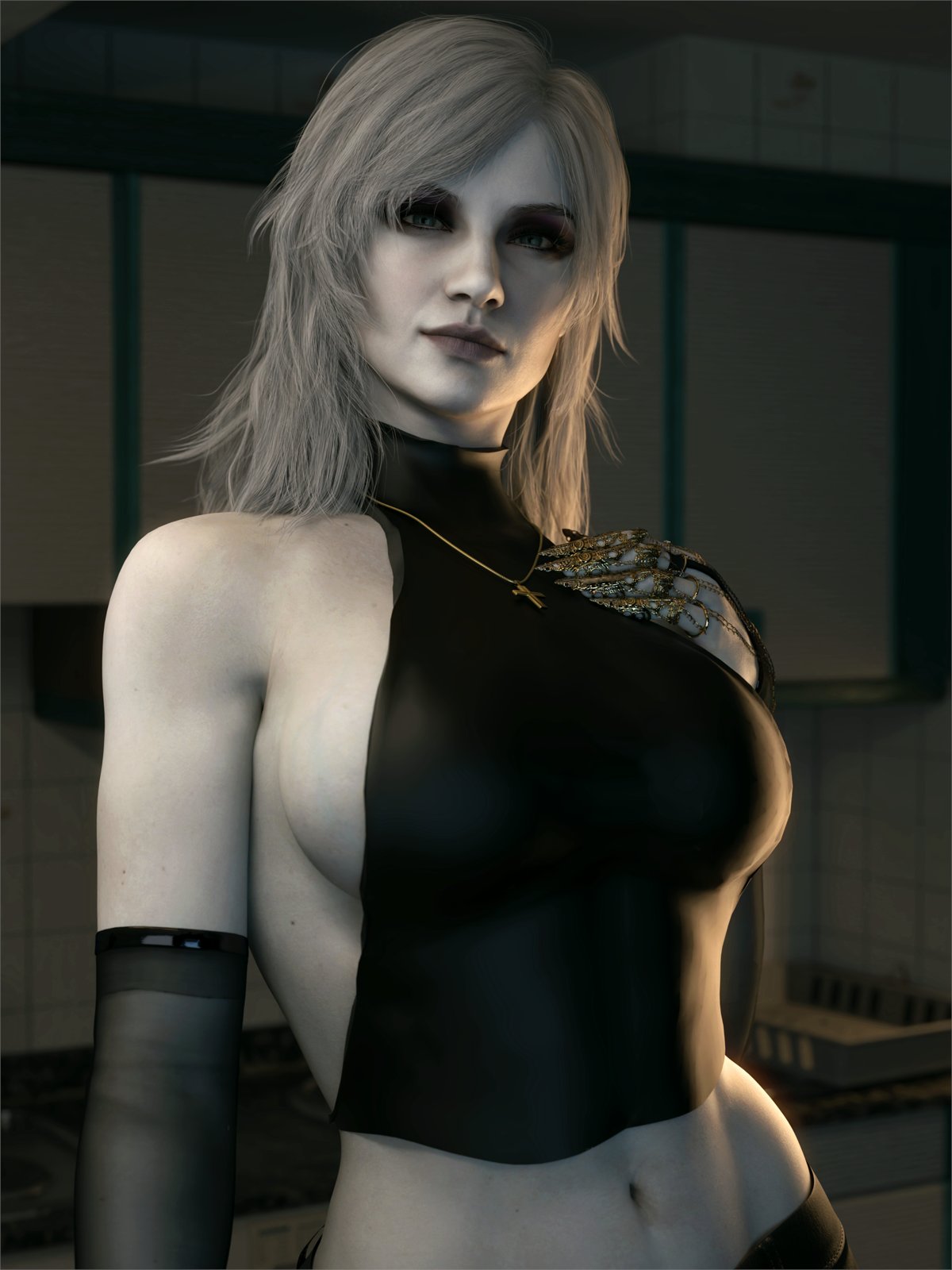 1girls, 3d, alternate hairstyle, blonde female, blonde hair, capcom, clothed, hand on breast, highres, long hair, looking at viewer, midriff, mother miranda (resident evil), necklace, pale skin, pale-skinned female, pose, posing, posing for the viewer, resident evil, resident evil 8: village, safe, solo, solo female, turtleneck, video game character, word2