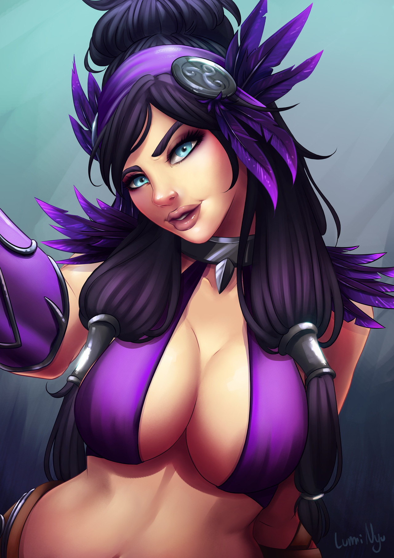 1girls, 2018, big breasts, black hair, blue eyes, breasts, celtic mythology, cleavage, collar, collarbone, european mythology, eyelashes, eyes, feathers, female, female only, goddess, hair, hair ornament, hi-rez studios, large breasts, lips, lipstick, long hair, looking at viewer, luminyu, mythology, pink lipstick, pinup, purple hair, selfie, smite, solo, solo focus, standing, tagme, the morrigan (smite), twintails