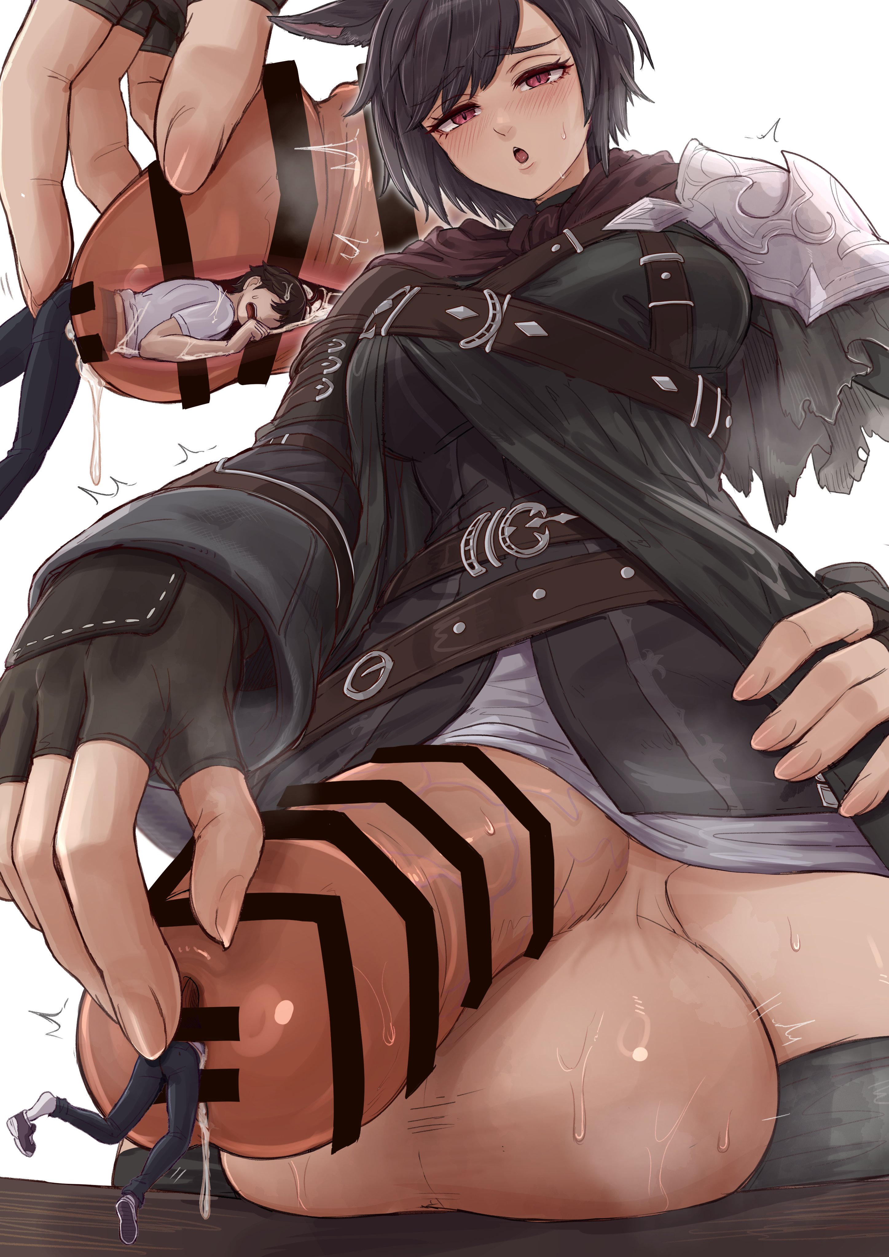 1boy, 1futa, balls, big balls, big penis, blush, bottomless, breasts, cat ears, catgirl, censor bar, censored, censored penis, clothing, cock vore, futa giantess, futa on male, futanari, giantess, huge balls, huge cock, light skin, light-skinned futa, light-skinned male, low-angle view, macro, male, micro, monowe, penis, penis out, precum, size difference, testicles, urethral insertion, vore, white background
