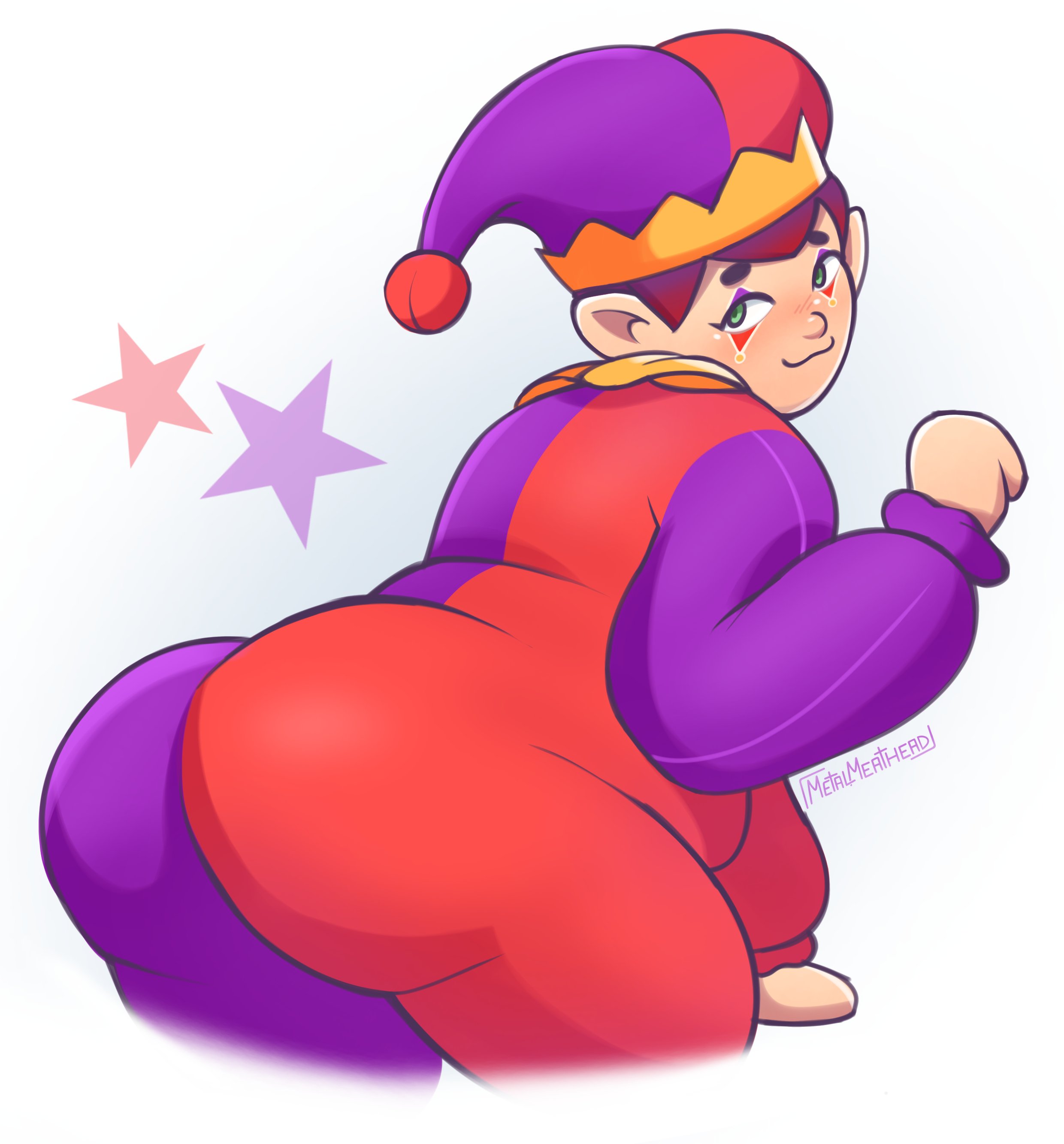 1boy, ass, ass focus, chubby male, clown, clown makeup, femboy, huge ass, hugh morris, jester, jester hat, jester outfit, looking at viewer, looking back, male only, meatheadart, metalmeathead, mii, tomodachi life, tomodachi life: living the dream