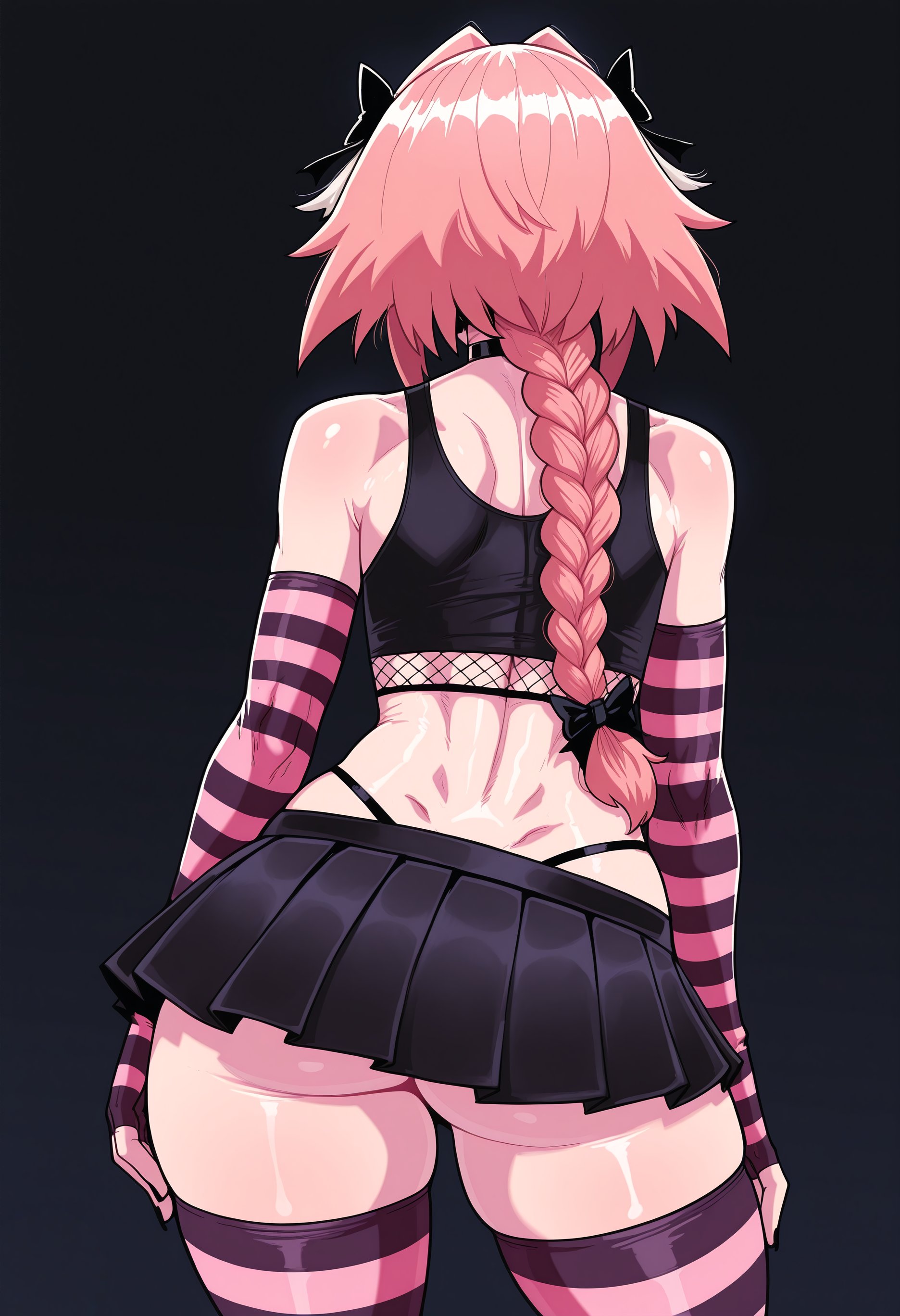 ai generated, arm warmers, ass, ass focus, astolfo (fate), back view, black nails, choker, crop top, fate (series), hair, hair accessory, narrow waist, painted nails, pink hair, shiny skin, simple background, slopanonai, stockings, stripes, thighs, thong, visible underwear, zettai ryouiki