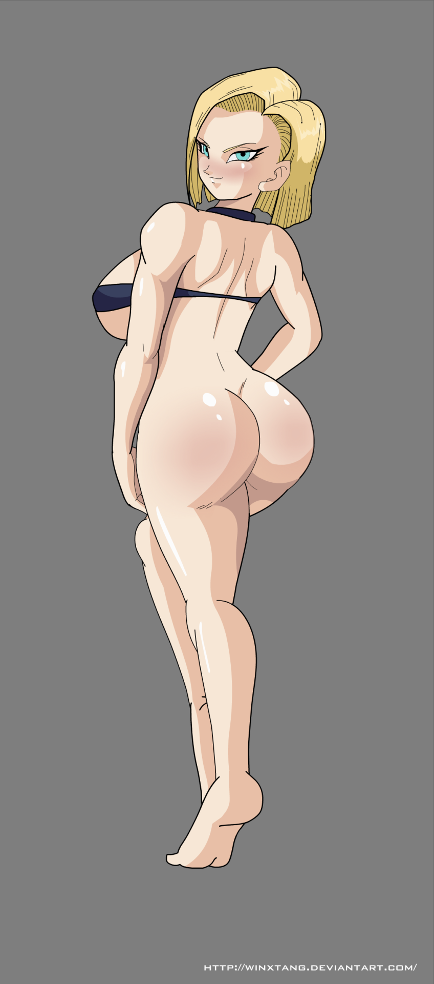 1girls, alternate version available, android 18, ass, blonde hair, blue eyes, blush, breasts, dragon ball, dragon ball z, female, huge breasts, milf, mostly nude, riffsandskulls, short hair, smile, solo