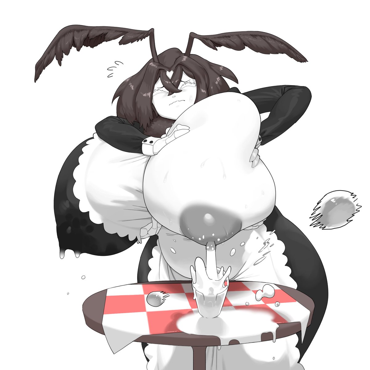 1girls, breast milk, colored nipples, colored skin, cup, female, gray areola, gray nipples, grey areola, grey nipples, huge breasts, lactation, maid, maid uniform, milk, moth, moth girl, one breast out, realius, solo, white skin