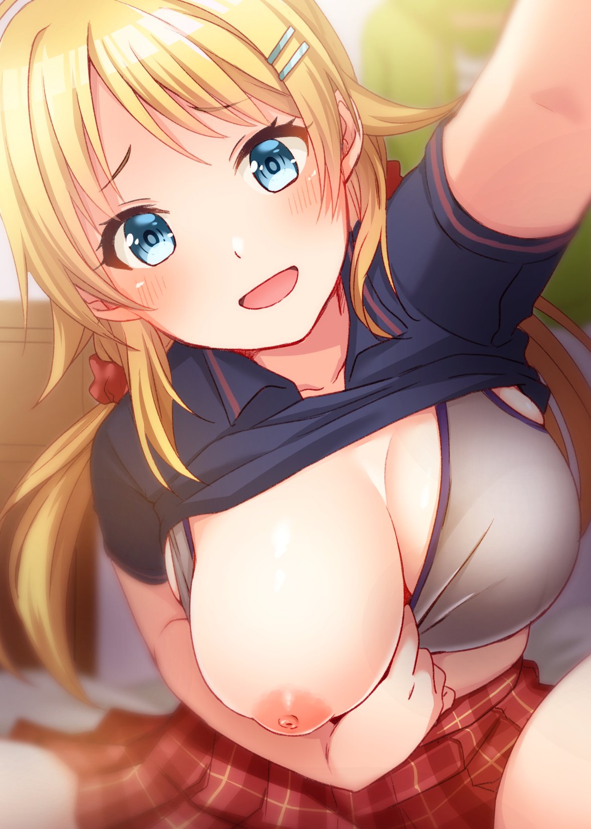 1girls blonde_hair blue_eyes blush bra bra_down bra_pull breasts cleavage clothing commentary_request female grey_bra hachimiya_meguru hair_ornament hair_pin hairclip hatomugi_(mugicha) highres idolmaster idolmaster_shiny_colors large_breasts long_hair looking_at_viewer low_twintails nipples one_breast_out open_mouth oppai_challenge pleated_skirt presenting_breasts puffy_nipples reaching_out red_skirt self_shot shirt shirt_lift skirt solo sports_bra spread_legs twintails underwear