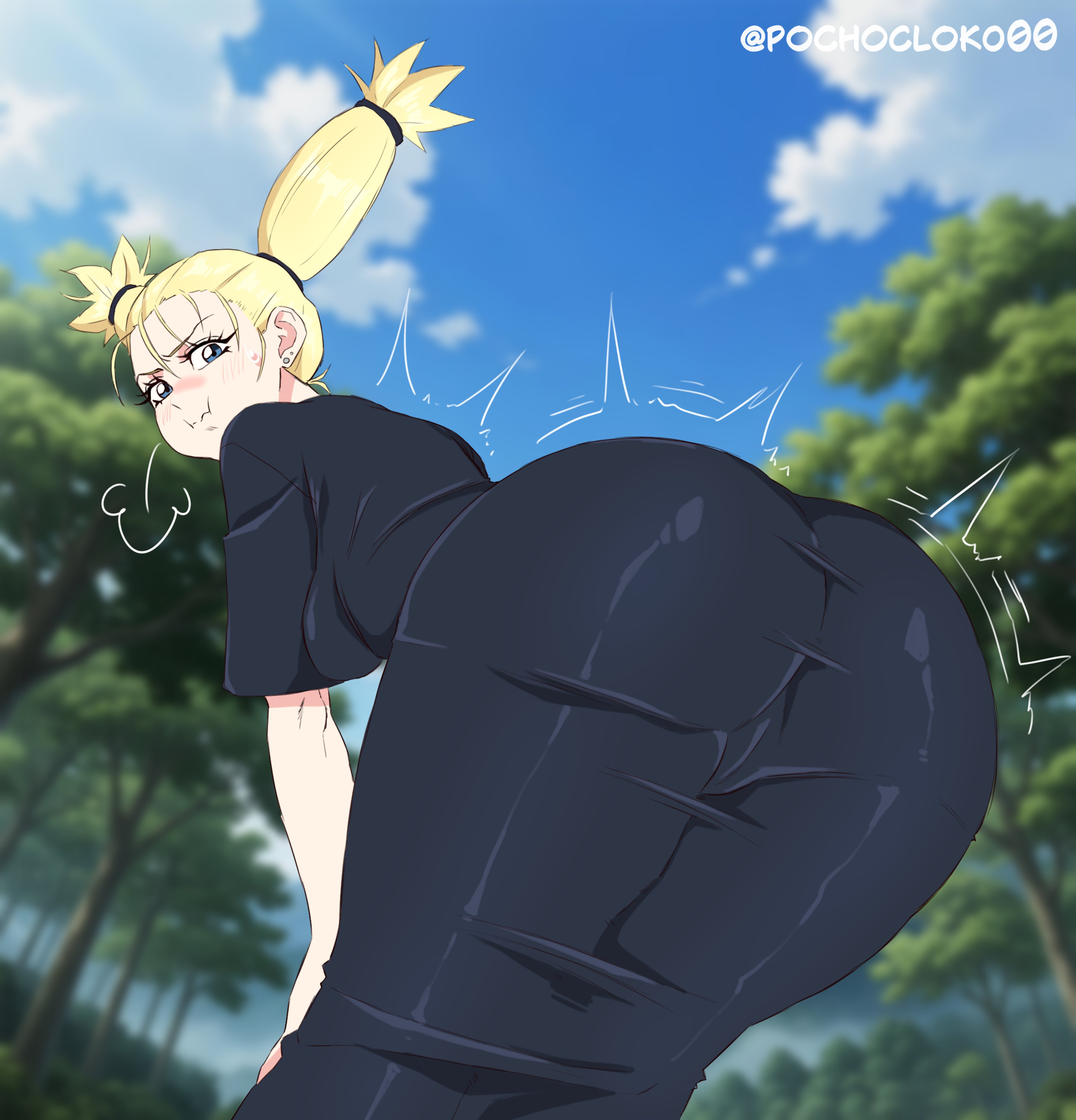 1girls, ass, ass focus, ass in dress, bent over, big ass, black dress, blonde hair, blue eyes, clothing, dress, female, female only, hair, huge ass, jujutsu kaisen, looking back, motion lines, nishimiya momo, pochoclogigi, pout, pouting, shortstack, solo, solo female, thighs, twintails