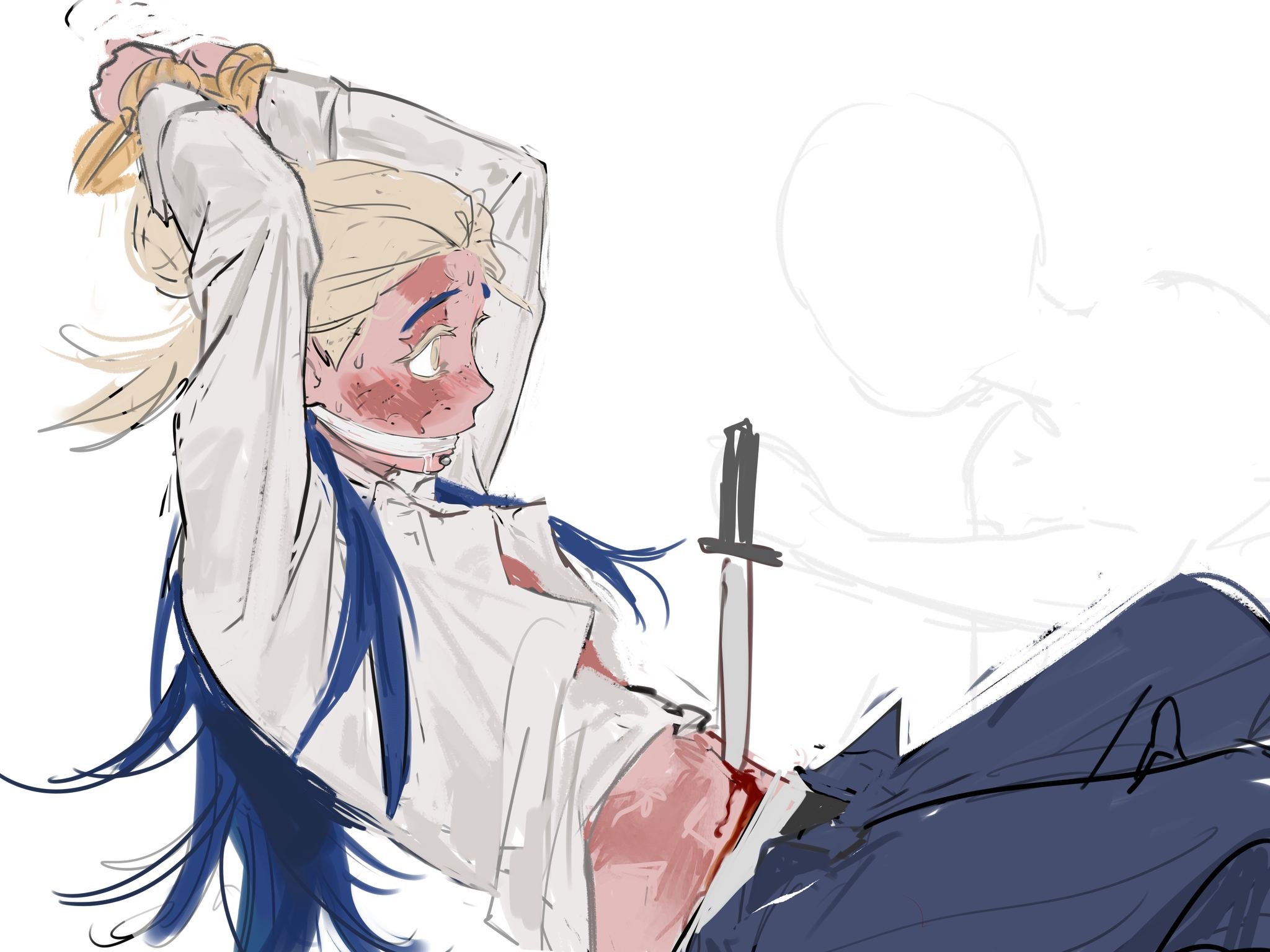 blush, gachiakuta, hands behind head, looking at viewer, stab, stabbed, sweatdrop, tamsy caines, tied up