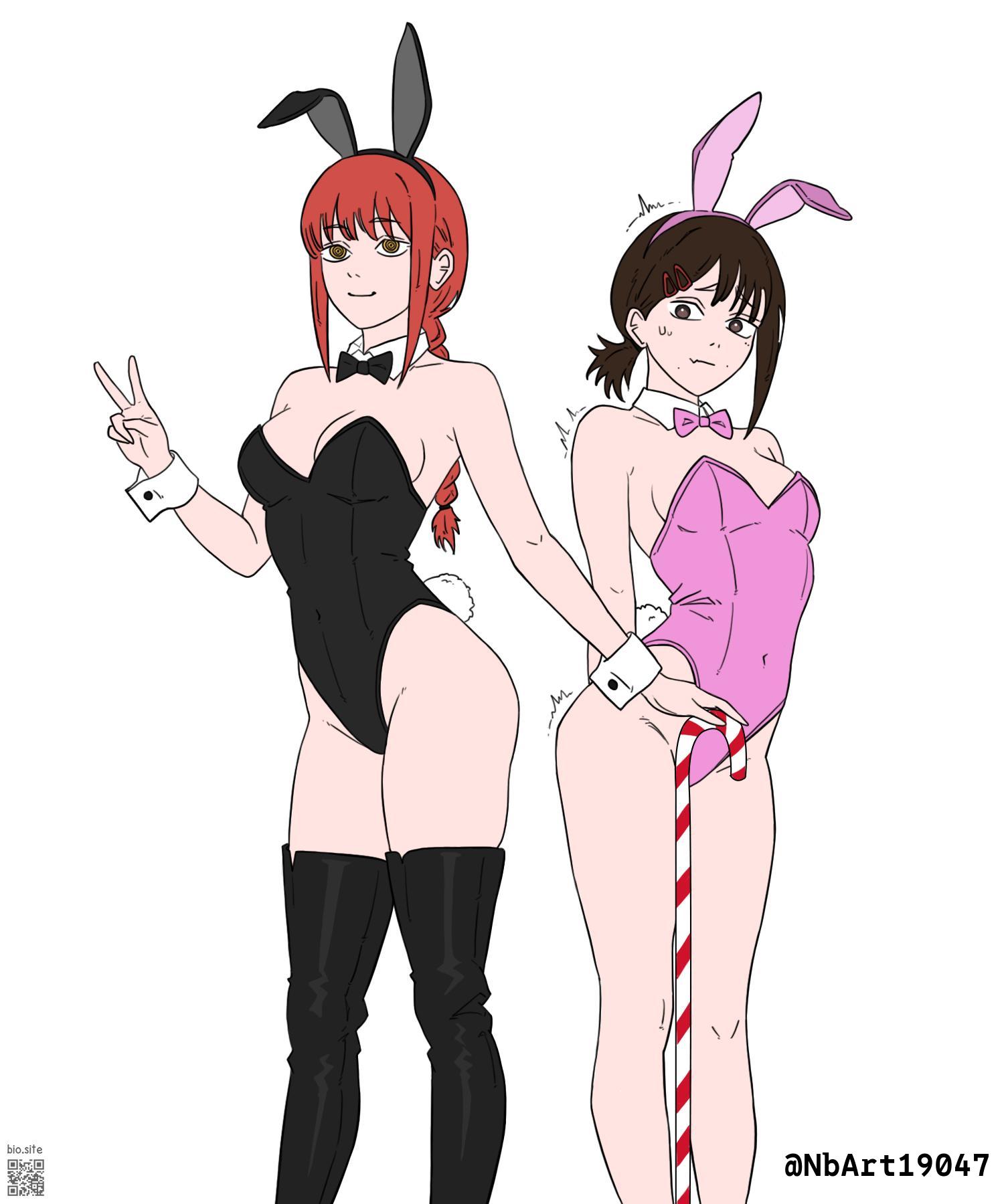 2d, 2d (artwork), 2d artwork, 2girls, adult, adult female, arm behind back, average breasts, bare armpits, bare arms, bare calves, bare chest, bare hands, bare hips, bare knees, bare legs, bare shoulders, bare skin, bare thighs, belly button, black bowtie, black bunny ears, black bunnysuit, black hairband, black legwear, black leotard, black stockings, black thigh highs, black thighhighs, black topwear, bowtie, braid, braided hair, braided ponytail, breasts, brown eyes, brown hair, brown-eyed female, brown-haired female, bunny costume, bunny ears, bunny tail, bunnygirl, bunnygirl outfit, bunnysuit, busty, busty female, chainsaw man, cleavage, closed mouth smile, collar, collarbone, curvaceous, curvaceous body, curvaceous female, curvaceous figure, curvaceous hips, curvy, curvy body, curvy female, curvy figure, curvy hips, digital, digital art, digital drawing, digital drawing (artwork), digital media, digital media (artwork), drawing, elbows, exposed armpits, exposed arms, exposed chest, exposed hips, exposed legs, exposed shoulders, exposed skin, exposed thighs, female, female focus, female only, fingers, groin, hair clip, hair clips, hairclip, hairclips, hand behind back, head tilt, higashiyama kobeni, high resolution, highres, inframammary fold, inguinal crease, inguinal ligament, japanese female, japanese girl, japanese woman, knees, kobeni higashiyama, large breasts, lean figure, legs closed, legs together, legwear, leotard, long hair, looking at viewer, looking down, looking down at viewer, makima (chainsaw man), mature, mature female, medium breasts, mole, mole on body, mole on cheek, mole on face, mole under eye, mole under mouth, multiple females, multiple girls, narrow waist, navel, nbart19047, nervous, nervous expression, nervous face, nervous female, peace sign, pink bowtie, pink bunny ears, pink bunnysuit, pink hairband, pink leotard, pink topwear, ponytail, quiver, red hair, red-haired female, ring eyes, ringed eyes, short hair, short ponytail, shoulders, shy, shy expression, shy female, shy girl, sideboob, sign, simple background, slender body, slender waist, slim female, slim waist, smile, smiley face, smiling, smiling at viewer, spasms, standing, stockings, thigh highs, thighhighs, thighs, thighs together, tilted head, topwear, twitch lines, twitching, v, v sign, white background, white collar, white pupils, white wrist cuffs, wide hips, wrist cuffs, yellow eyes, yellow-eyed female