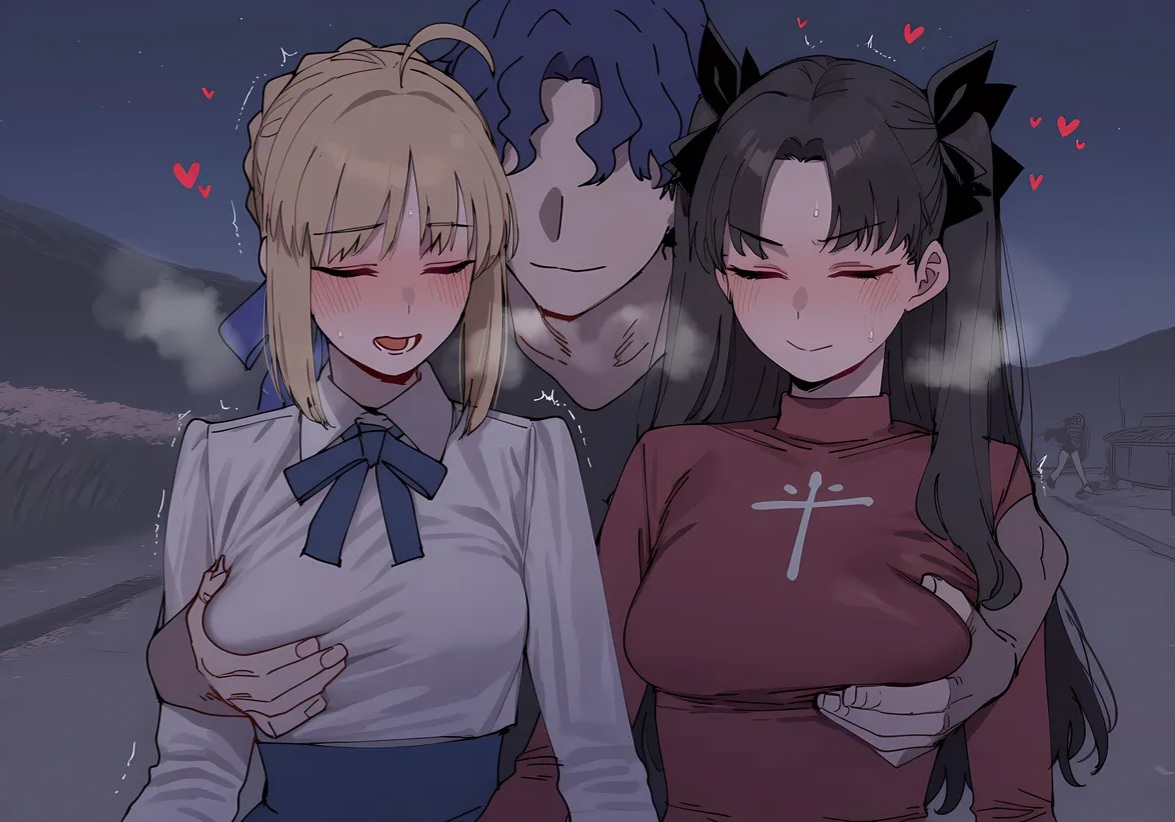 ai generated, artoria pendragon, artoria pendragon,, embarrassed,, fate (series), groping,, heart eyes,, matou shinji, red shirt,, saber, school uniform,, serafuku,, tohsaka rin