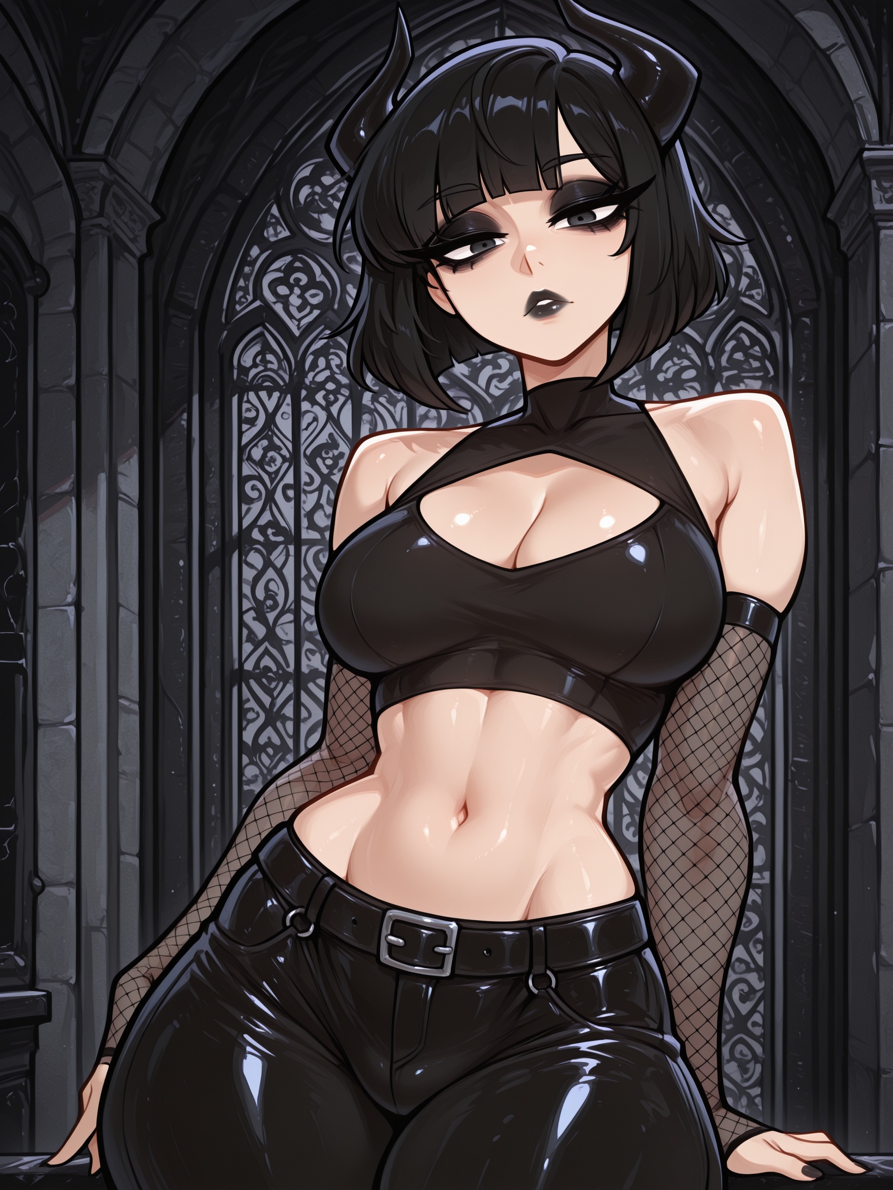 1girl, abs, ai generated, ass, bants, bare shoulders, big ass, big breasts, big hips, black eyeshadow, black lip, black lips, black lipstick, black makeup, black top, black topwear, bob cut, breasts, castle, cleavage, demon, demon girl, demon horns, emotionless, eyebrows, eyelashes, female, female focus, female only, goth, goth futa, goth girl, goth makeup, gothic, gothic girl, gothified, grin, leather, leather clothing, leather pants, long hair, looking at viewer, medium breasts, medium hair, navel, pants, short hair, smile, smirk, smooth skin, solo, solo female, solo focus, velfur, velfur (artist)